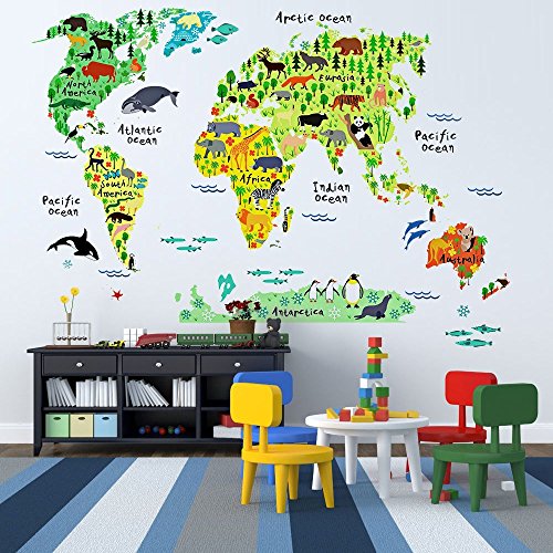 EveShine Animal World Map Wall Decals Stickers for Bedroom Living Room - //coolthings.us