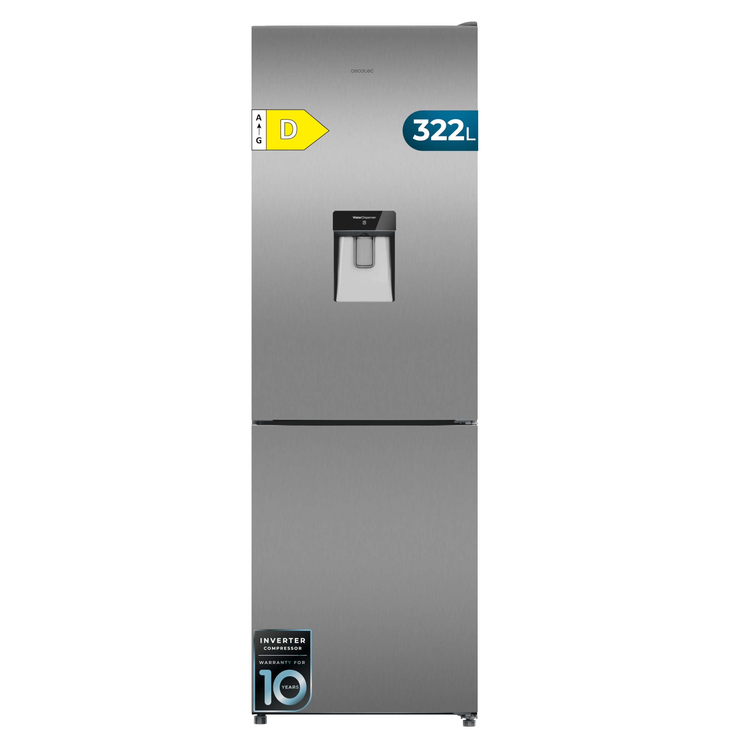 Cecotec Bolero CoolMarket Combi 322i WD Stainless Steel D Refrigerator Combi 322L with Water Dispenser, 185.5 cm High, 59.5 cm Wide, Multi Airflow Technology, HumidityFlex HUB, LED Interior