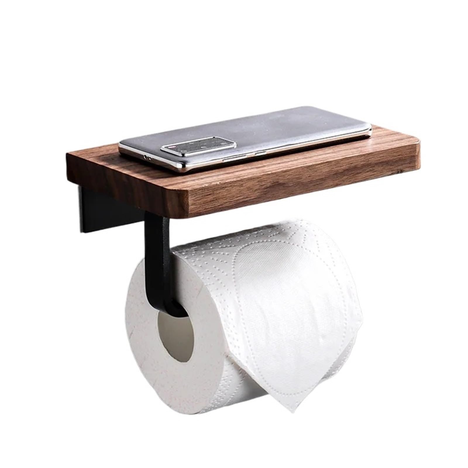 Toilet Roll Holder Wall Mounted Toilet Paper Holder With Walnut Wood Shelf Stainless Steel Wall Mounted Tissue Roll Hanger Towel Bar Bathroom Organizer(Type A)