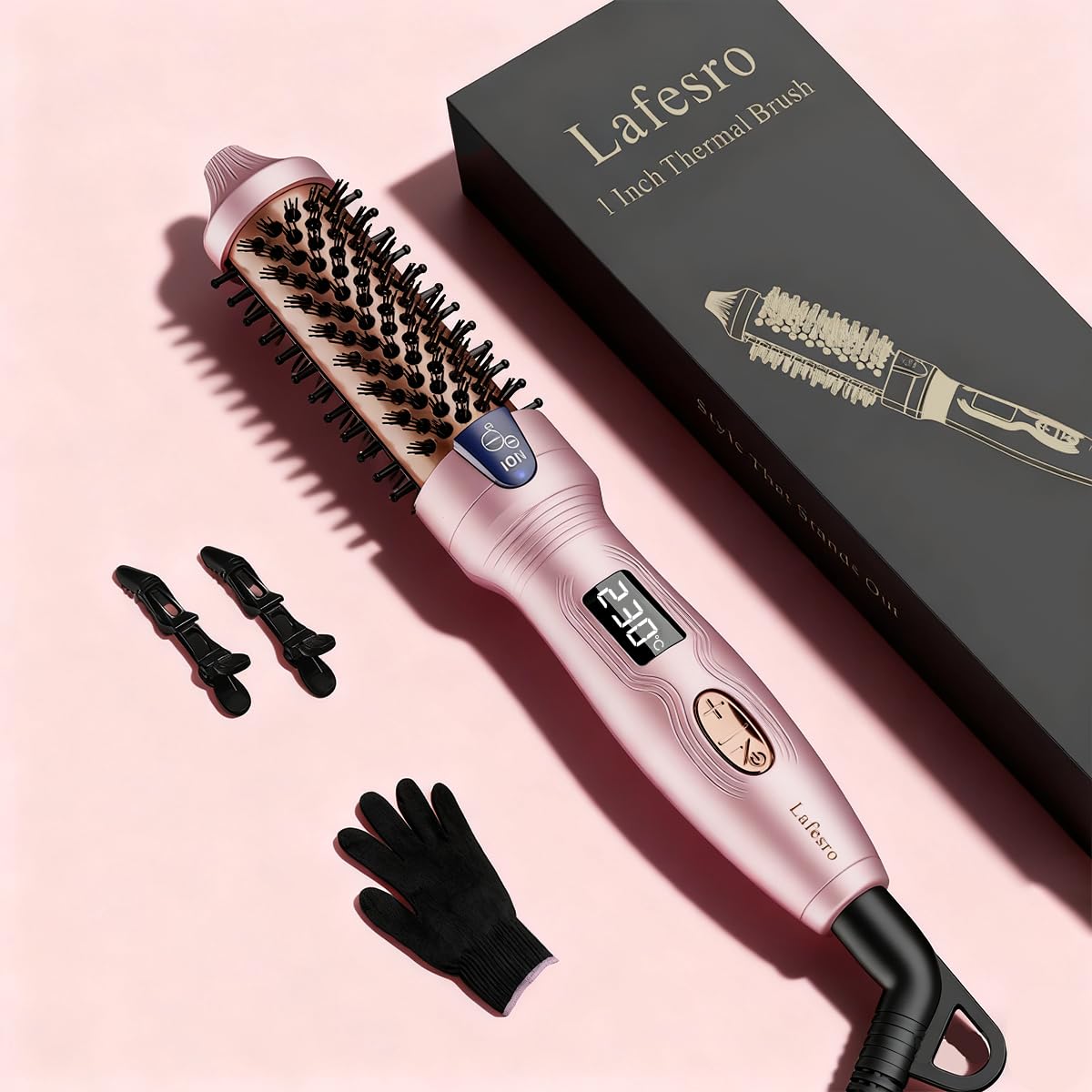 Thermal Brush, 27 mm Cepillo térmico Brushing, Mini cepillo calefactor, Rizador iónico de turmalina cerámica para pelo corto a medio largo, temperatura ajustable, doble tensión, rosa