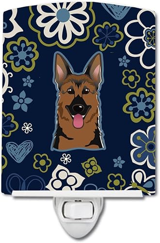 Caroline's Treasures BB5062CNL - Luz nocturna de cerámica de pastor alemán con flores azules, compacta, certificación UL, ideal para dormitorio,