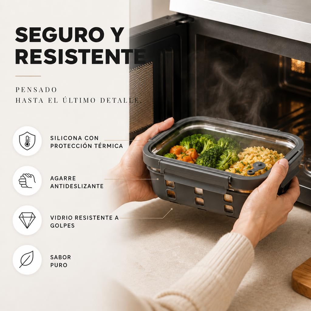 Fiambreras de Cristal Borosilicato – Set Meal Prep 3x1520 Mililitros, Recipientes Herméticos Apilables, Aptos para Microondas con Válvula de Vapor, Funda Silicona Anti-Impacto