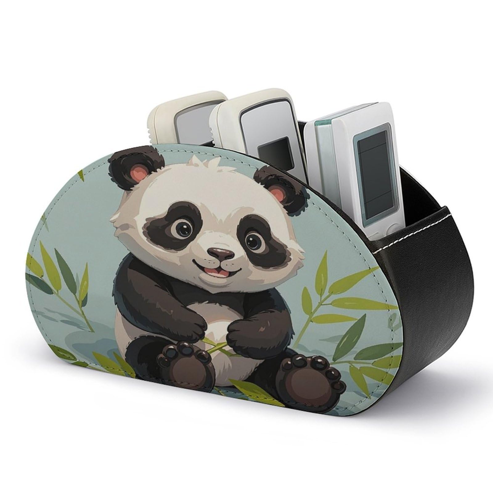 FekiLoot Panda TV Remote Control Holder with 5 Compartments Multi-functional Leather Bedside Table Remote Caddy Desktop Storage Box for Store Pen Controller Media Player Cosmetic