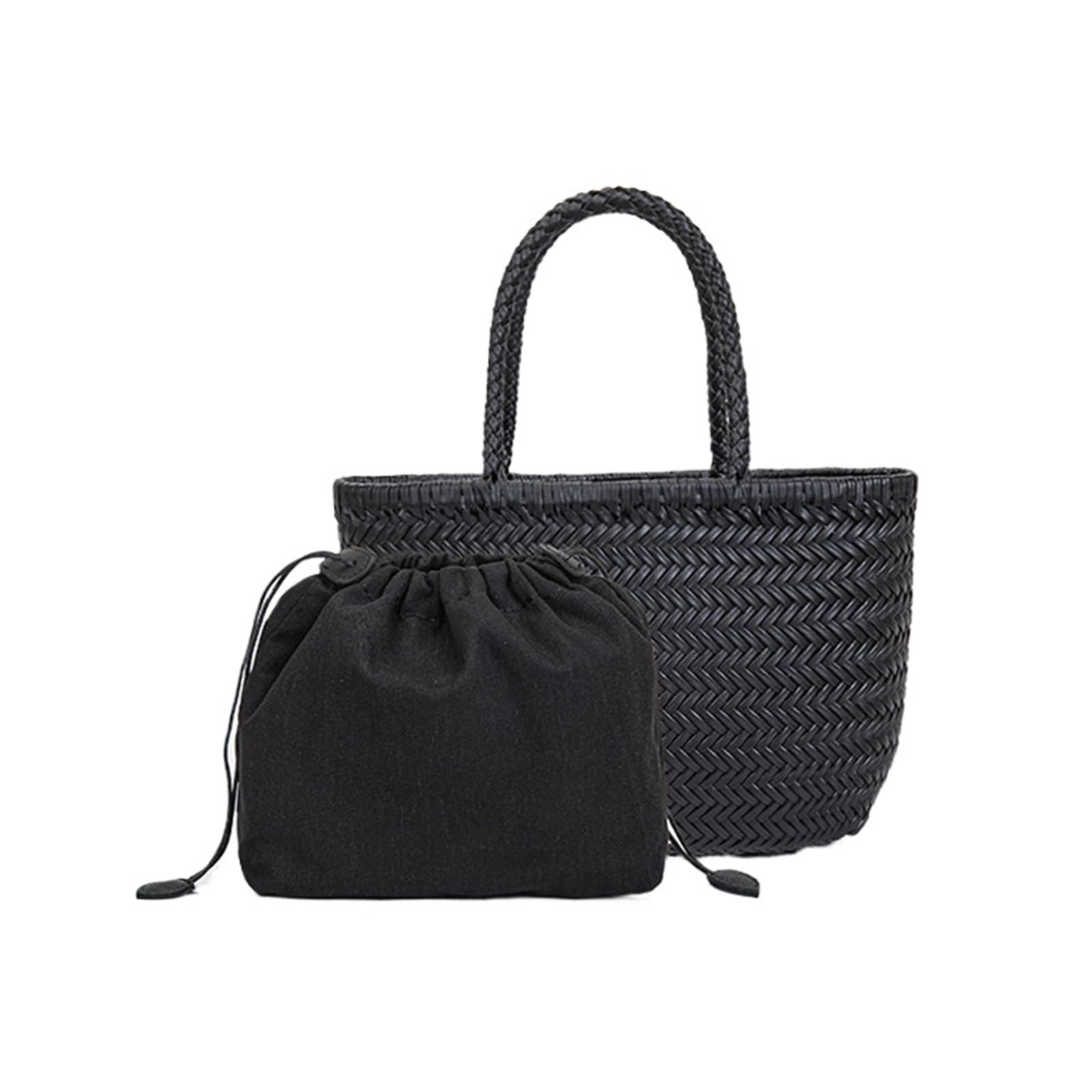 Ewuhyfp Women's Black Woven Leather Bags Hand-Woven Leather Woven Casual Vegetable Basket Bag With Inside Vintage Shopping Tote Shopping(Black)