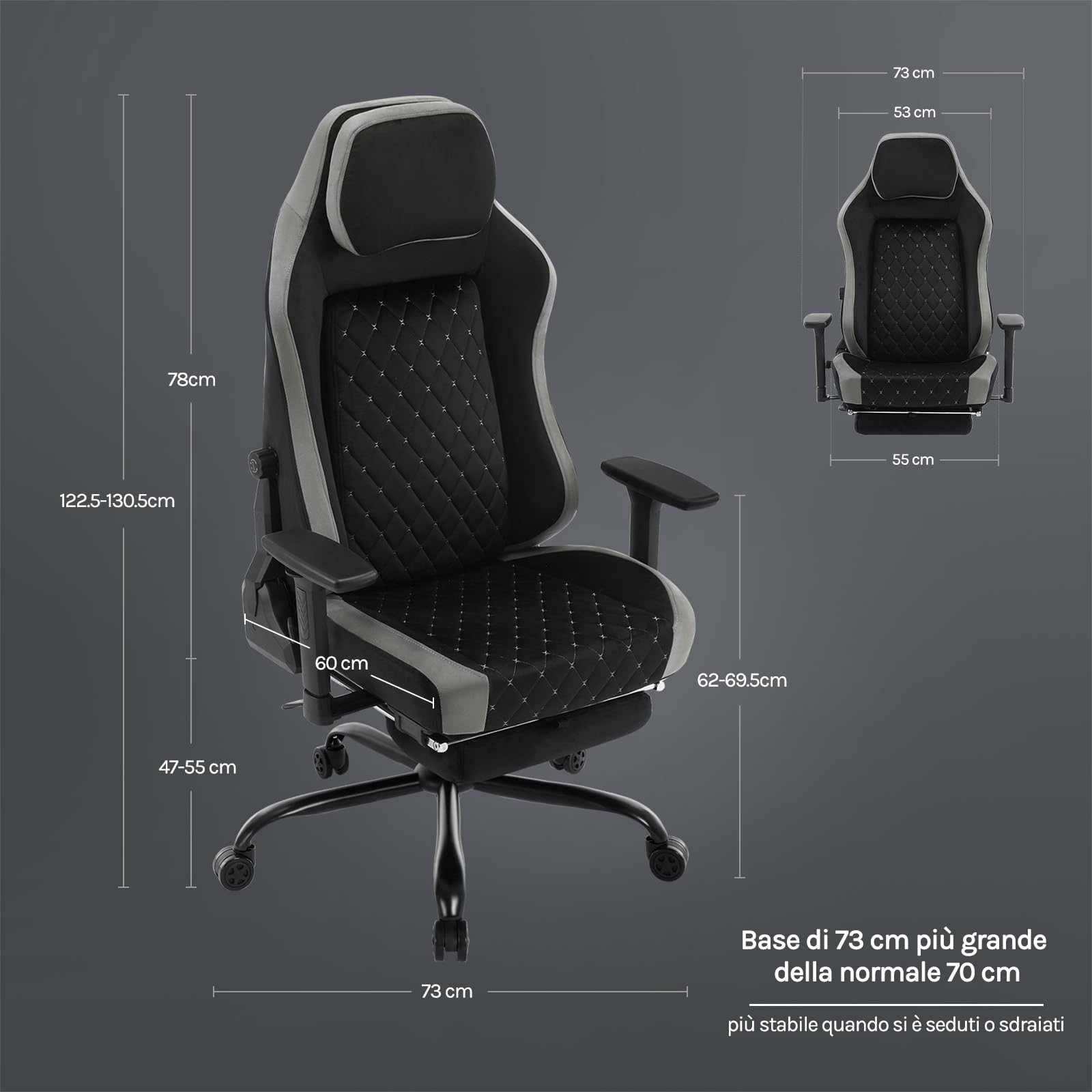 WOLTU Sedia Gaming,Supporto Lombare Adattivo Incorporato,Nero + Grigio | Velluto,con Braccioli Regolabili e Poggiapiedi Estensibile