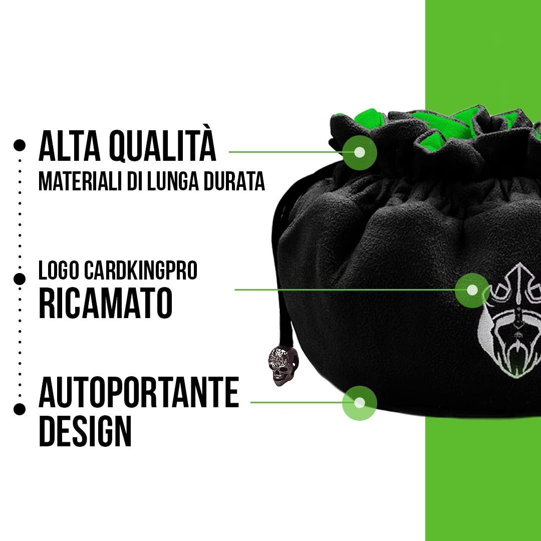 CardKingPro Immense - OCD Edition - Sacchetti per Dadi con 15 Tasche, Colore Nero e Verde, capacità Oltre 200 Dadi, Ideale per accumulatori di Dadi [Design Brevettato]