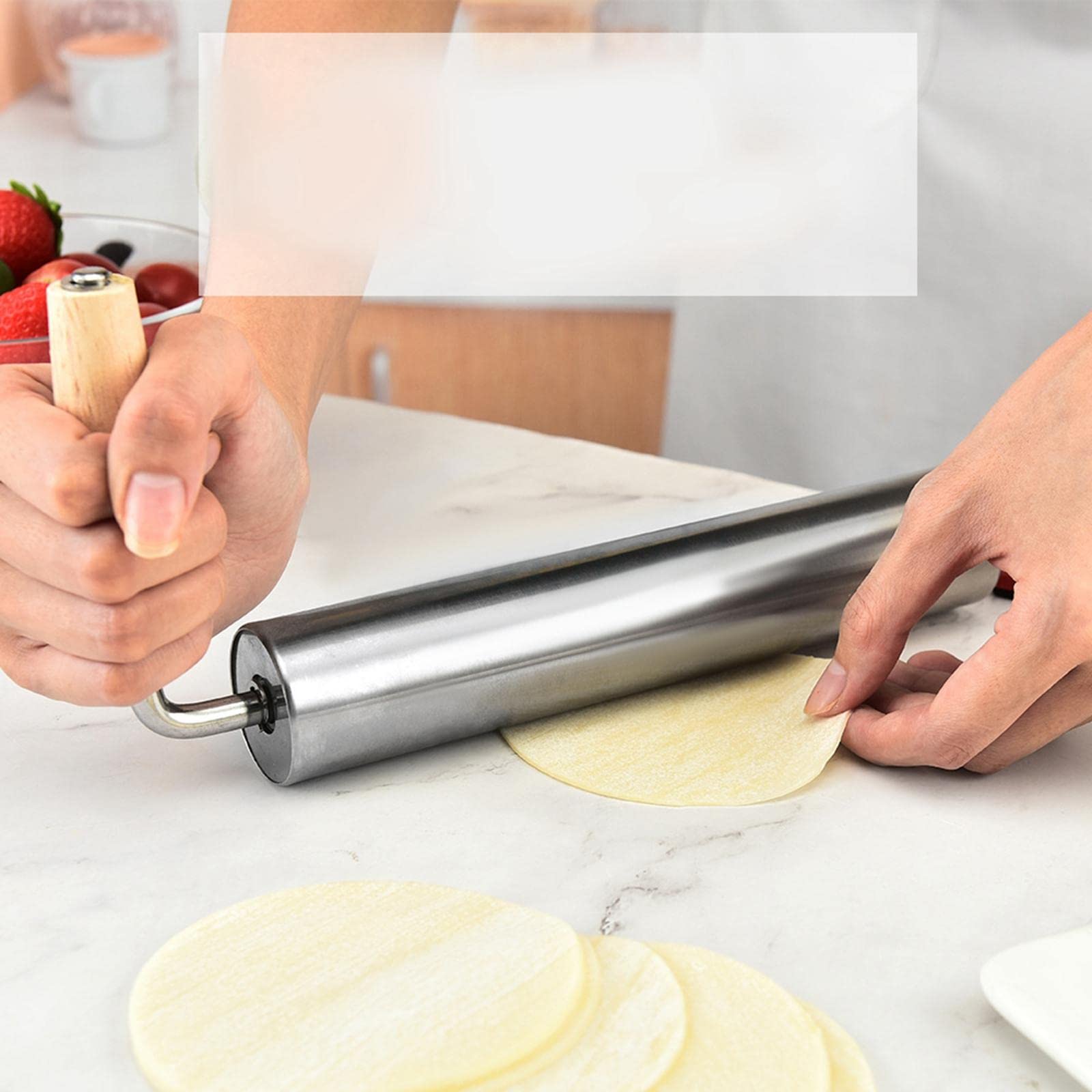 Rouleau à Pâtisserie en Acier Inoxydable avec Manche en Bois, épaisseur Réglable, Revêtement Antiadhésif, Idéal pour La Préparation de Fondant, s