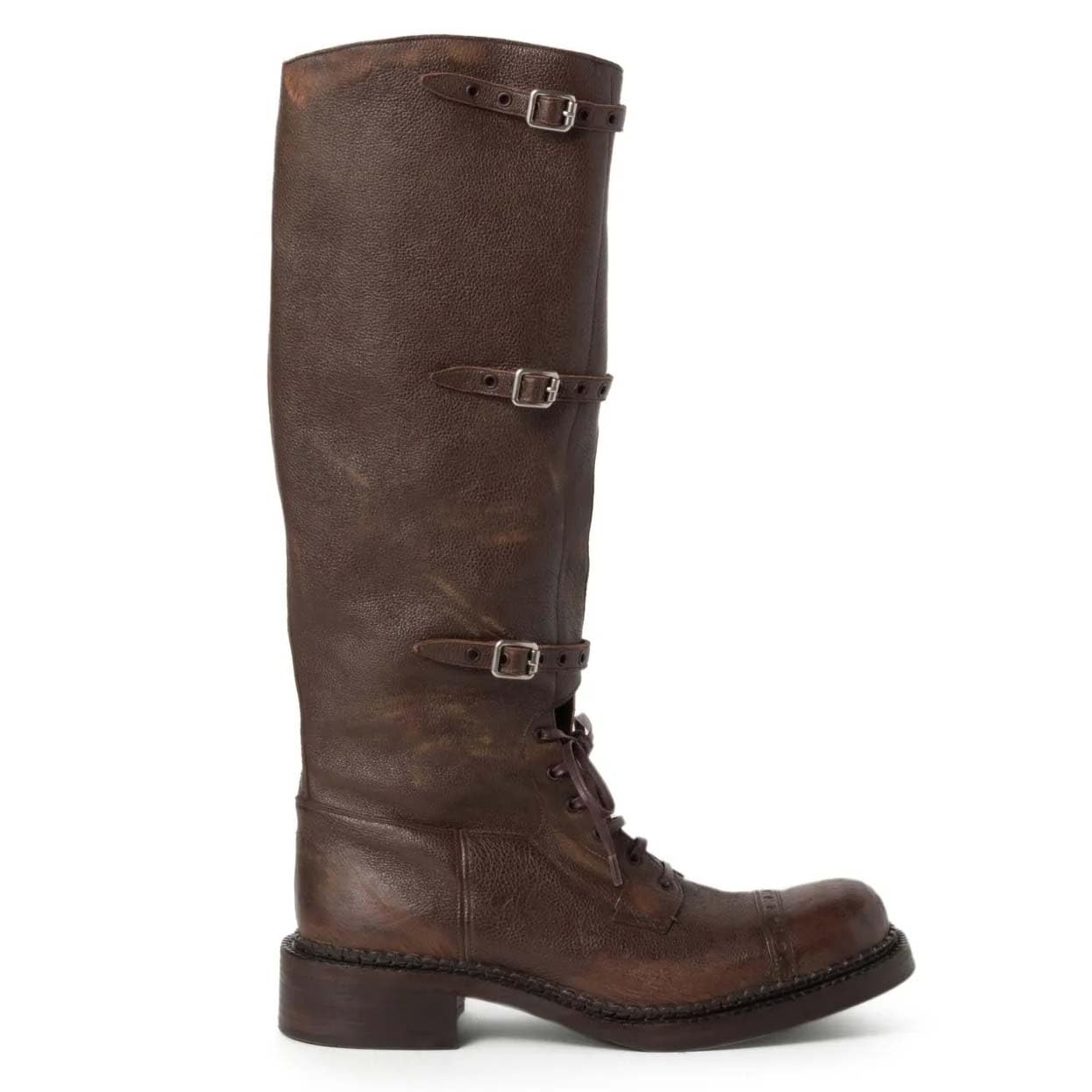 Womens Knee High Riding Boots Wide Calf Chunky Sole Round Toe Motorcycle Booties Multi-Buckle Lace Up Leather Long