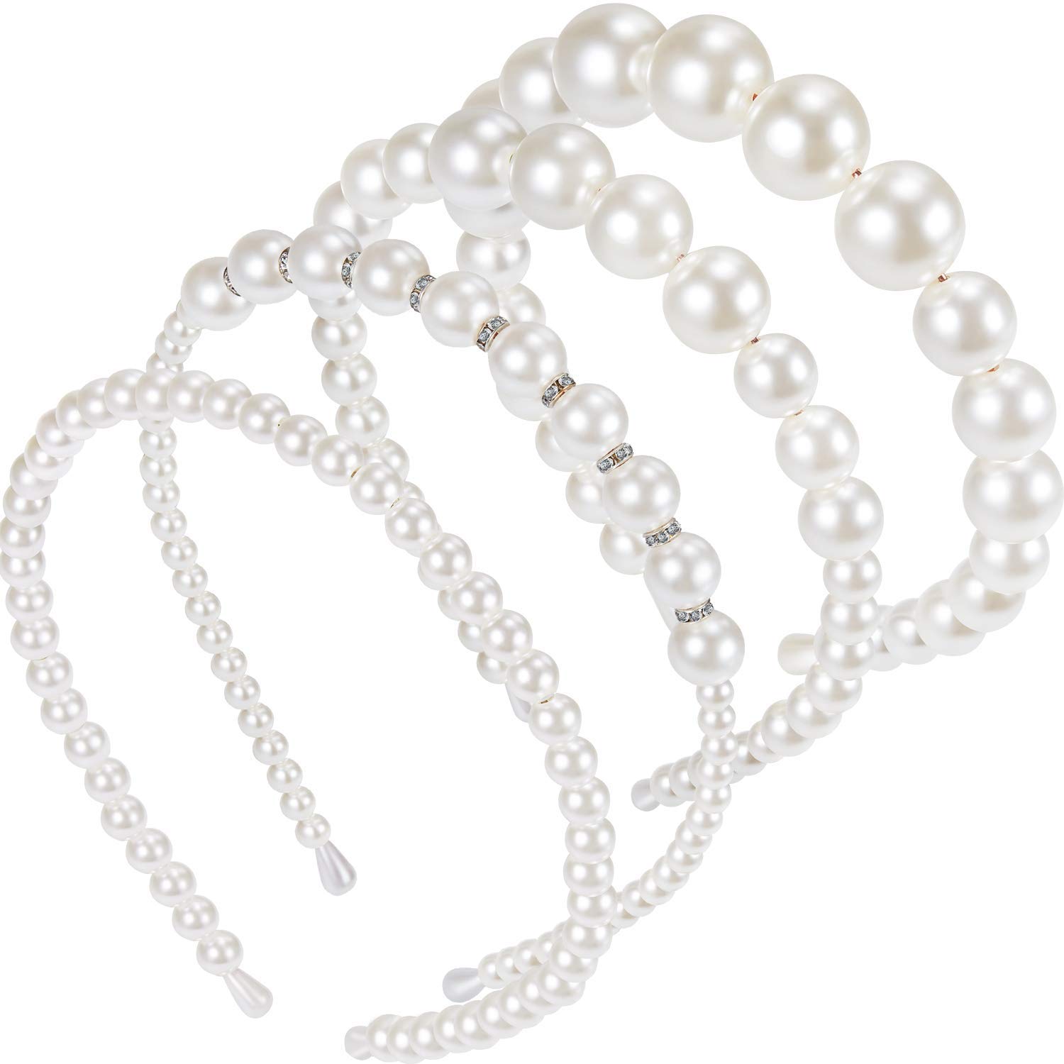 4 Pieces Pearls Headbands Women White Faux Pearl Rhinestones Hairbands Bridal Hair Hoop Wedding Hair Accessories for Girls (Style Set 1)-image-36