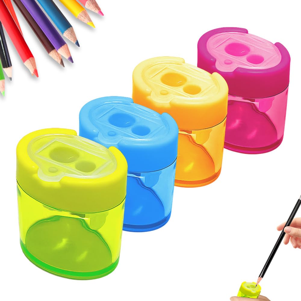 4 Pcs Pencil Sharpeners with Lid, 2027 New Dual Hole Sharpener, Colored Handheld Sharpener Suitable for Kids Adults Students School Class Home Office (Mix-Oval)