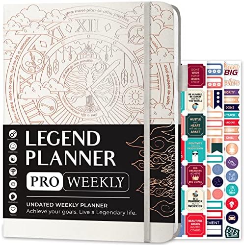 Legend Planner PRO – Deluxe Weekly & Monthly Life Planner to Increase Productivity and Hit Your Goals. Time Management Organizer Notebook – Undated – 7 x 10" Hardcover + Stickers – White