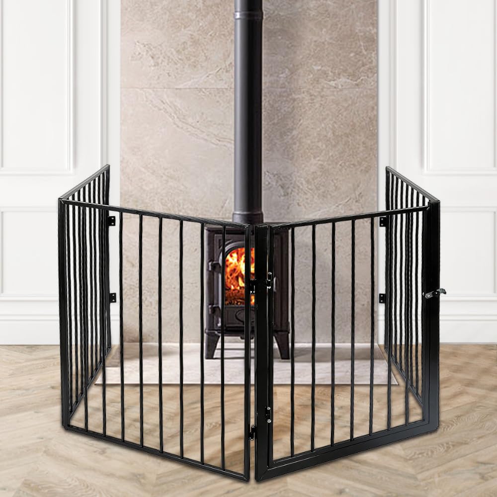 Barrera de seguridad de 240 cm, rejilla cortafuegos para chimenea, barrera para escaleras infantil/perro, cuatro barras de puerta, plegable (negro, 240 x 2,5 x 75 cm)
