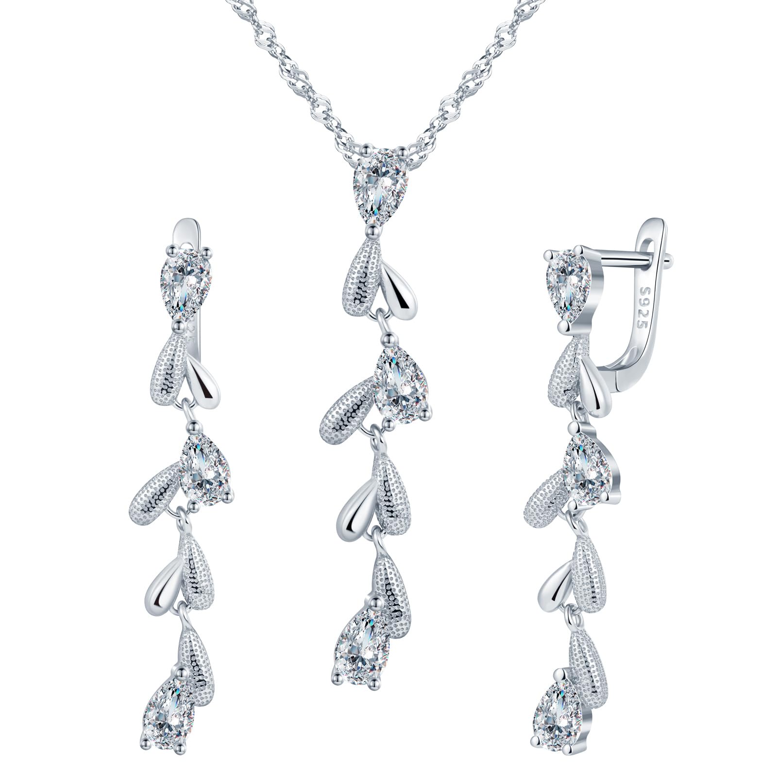Yumilok Brillante 925 gotas de agua de plata esterlina colgante cadena de Zirconia clavos para los oídos Sra. colgante collar joyería set 925 de plata esterlina