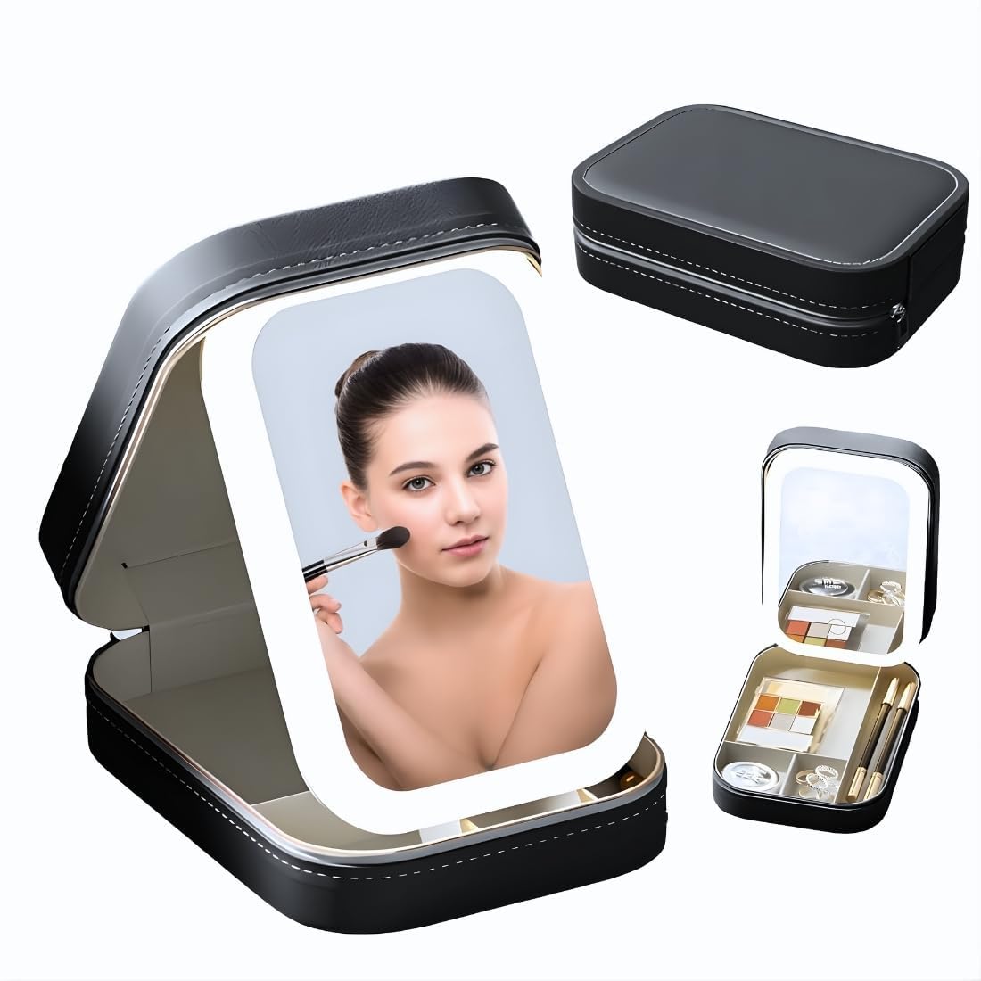 GNEY Portable LED Makeup Mirror Travel Case with 3 Color Lighting Modes – Rechargeable 1200mAh Foldable Cosmetic Storage Box with Touch Dimming, PU Leather Makeup Organizer for Women (Black)-image-49