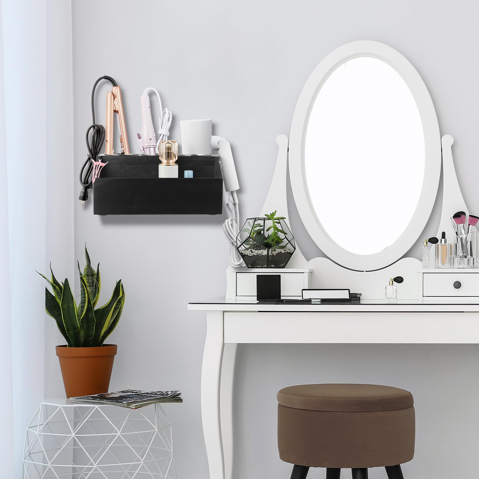 Bivvclaz Organizador de herramientas de madera para el cabello, soporte de pared para secador de pelo, organizador de herramientas calientes para encimera para accesorios de peinado, suministros de