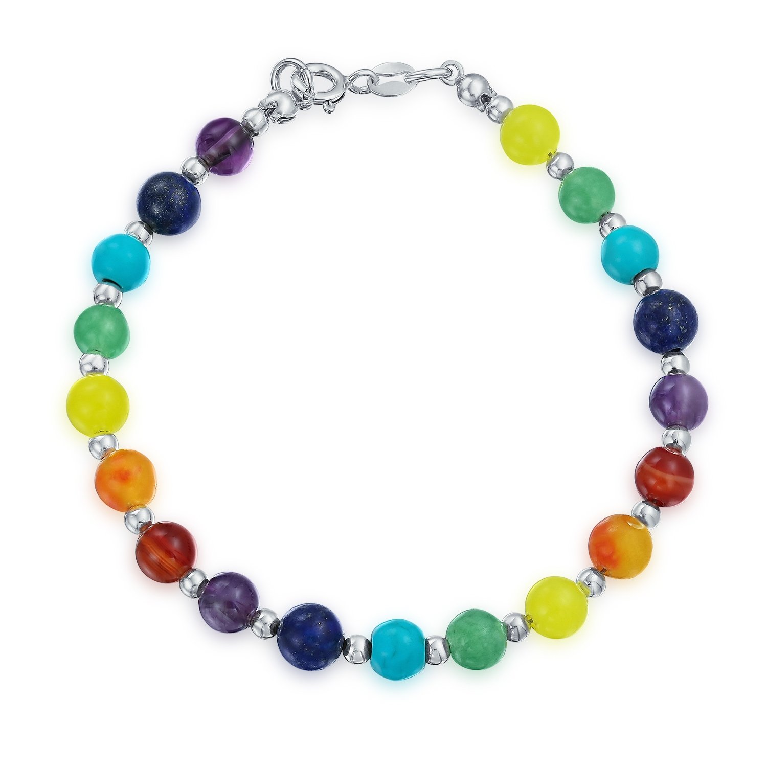 Bling Jewelry Spirituale Multicolore colorato guarigione Gemstone Yoga perline filo Chakra bracciali meditazione relax per le donne adolescenti .925 Sterling Silver Bead Lobster Clasp 7, 7.5