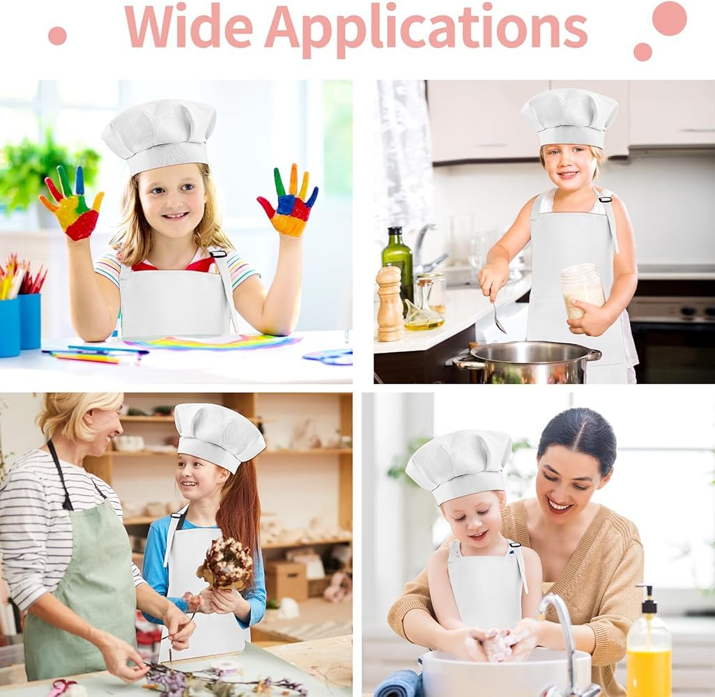 MAKSTILE Kids Apron with Chef Cap |Adjustable Neck Strap |Ideal for Cooking, Baking, Painting & School Activities | Cotton Children Apron for Boys & Girls | 3 to 6 years | Size-52 x 47 cms (White) - Image 4 thumbnail