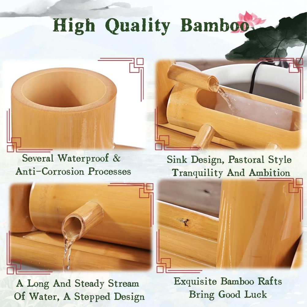 Kit Fontana Solare in bambù con Pompa, Decorazione in bambù Resistente alle spaccature, Cascata Giapponese in bambù per terrazza, Cortile, laghetto, Giardino,30cm