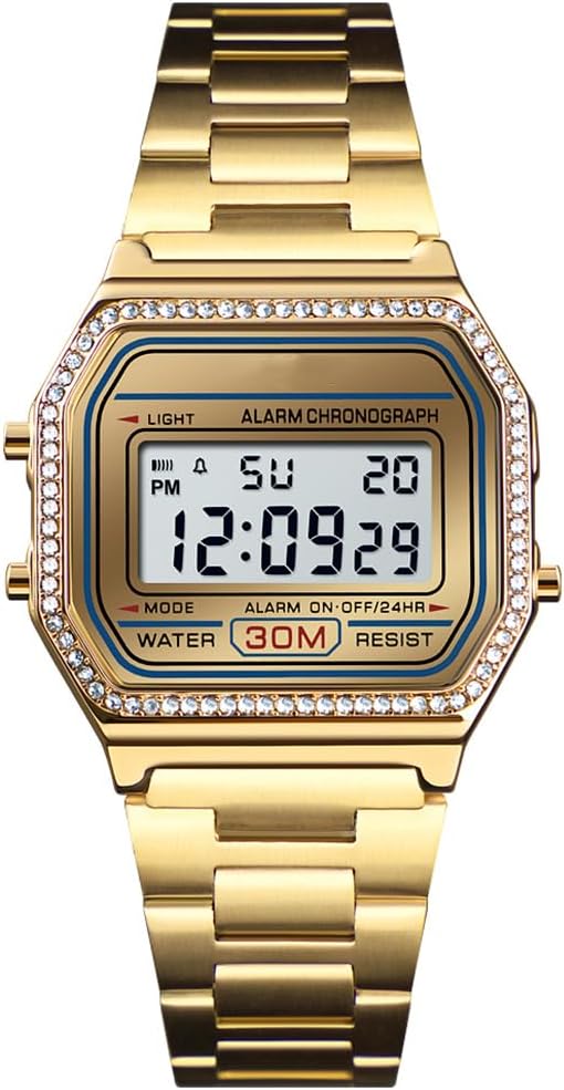 PASOY Men's Digital Gold Stainless Steel Watch Backlit Multifunction Stopwatch Waterproof Sport Watches