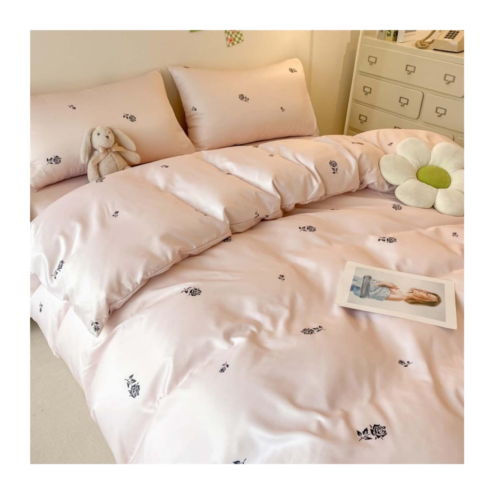 Housse de couette à nœuds en coton avec drap-housse 1.5m parure de lit 4 pièces
