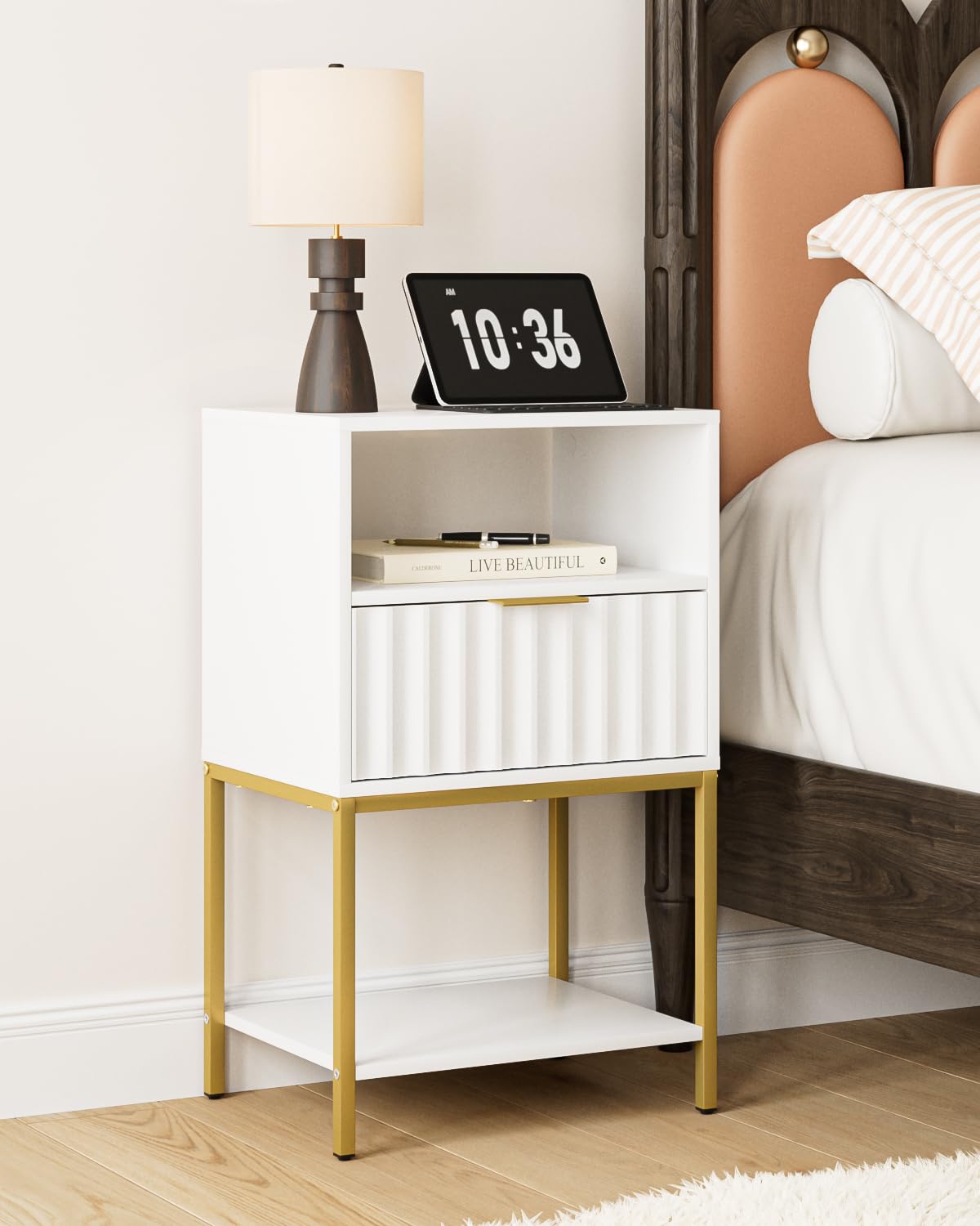 AEPOALUA Nightstand,Modern Bedside Table with One Drawer and Two Shelf，White Night Stand，Tall End Table with Gold Frame for Bedroom,Living Room,Wave