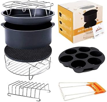 Deep Fryers Universal Air Fryer Accessories Including Cake Barrel,Baking Dish Pan,Grill,Pot Pad, Pot Rack with Silicone Mat by Bellagione 8 inch10 PCS