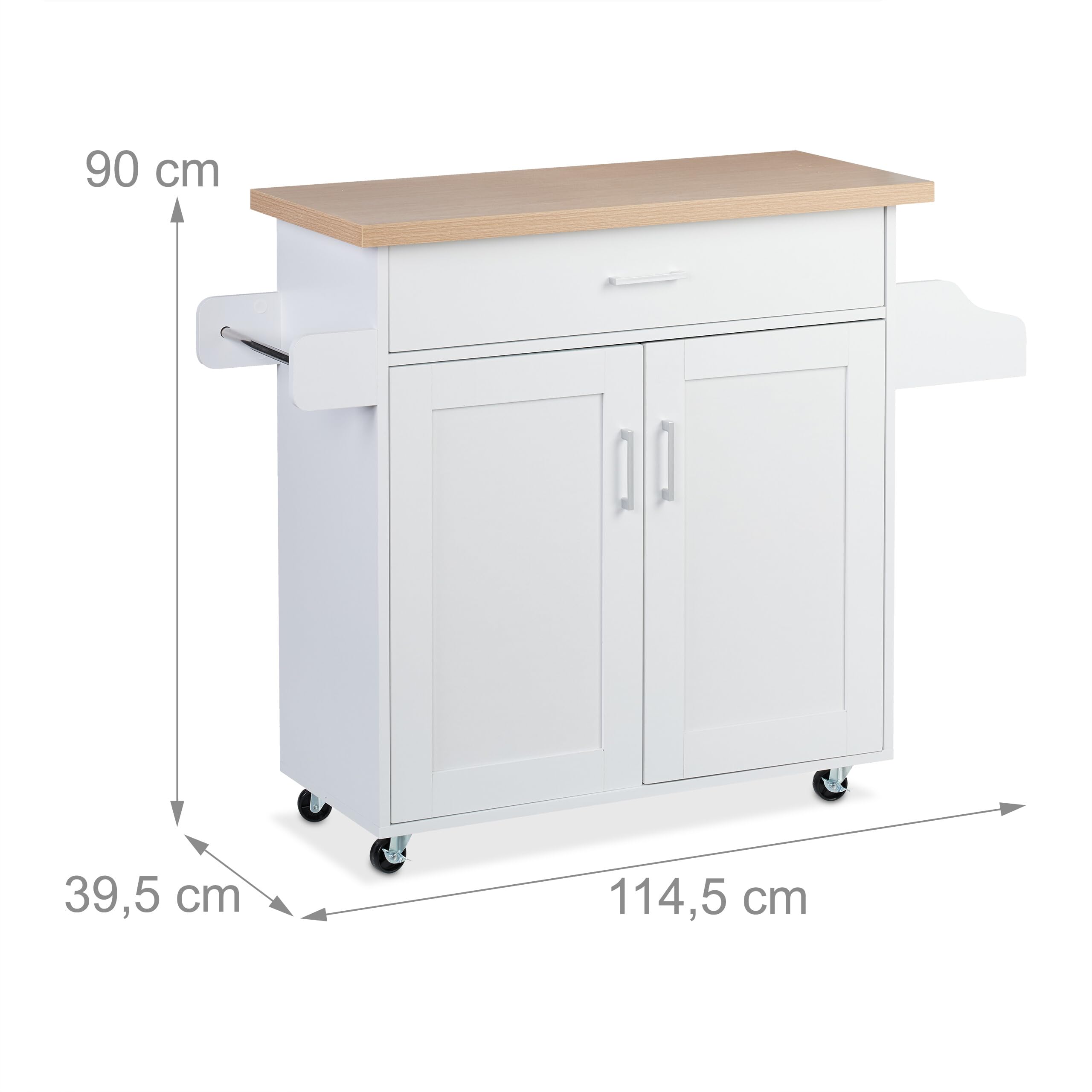 Relaxdays Carrito Auxiliar de Cocina, Camarera con Encimera y Cajón, 2 Compartimentos, 90x114,5x39,5 cm, Blanco/Natural, Tablero de Fibras