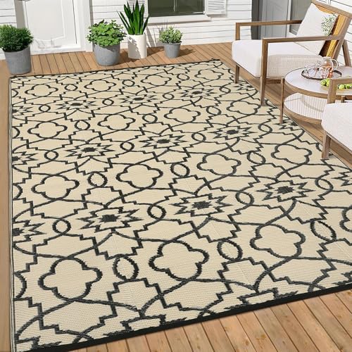 GAOMON Large Outdoor Camping Rug 9x18 Geometric Floral Reversible Outdoor Carpet, Foldable Plastic Straw Patio Rug, Portable Outside Floor Mats for Porch, Deck, Beach, Balcony, Black/Coffee(Floral)