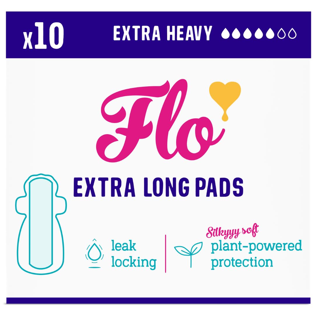 FLO Organic Bamboo Sanitary Pads for Women with Wings, Biodegradable and Ultra Thin, 10 Ultra Long Pads
