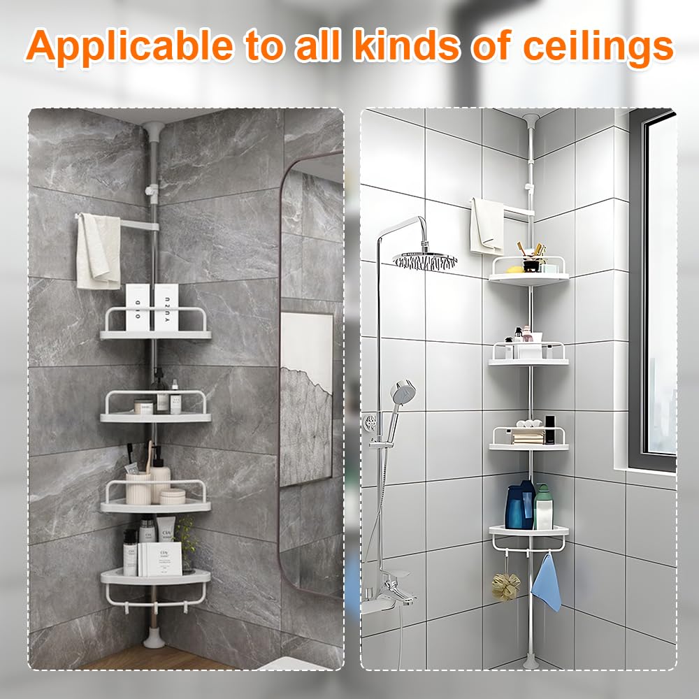 LANTUS Étagère de Douche Réglable en Hauteur, Étagère de Salle de Bain, Rangement Salle de Bain Télescopique, Hauteur Totale, en INOX, 4 Niveaux, 1 Porte-Serviettes (254-304 cm (Plastique) Blanc)