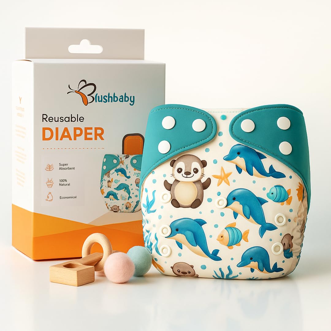 Blushbaby Leakage Proof cloth diapers for babies 0 to 3 years combo high absorbent reusable diaper with insert pack (5-18kg) washable diaper (Dolphin Print)-image-45