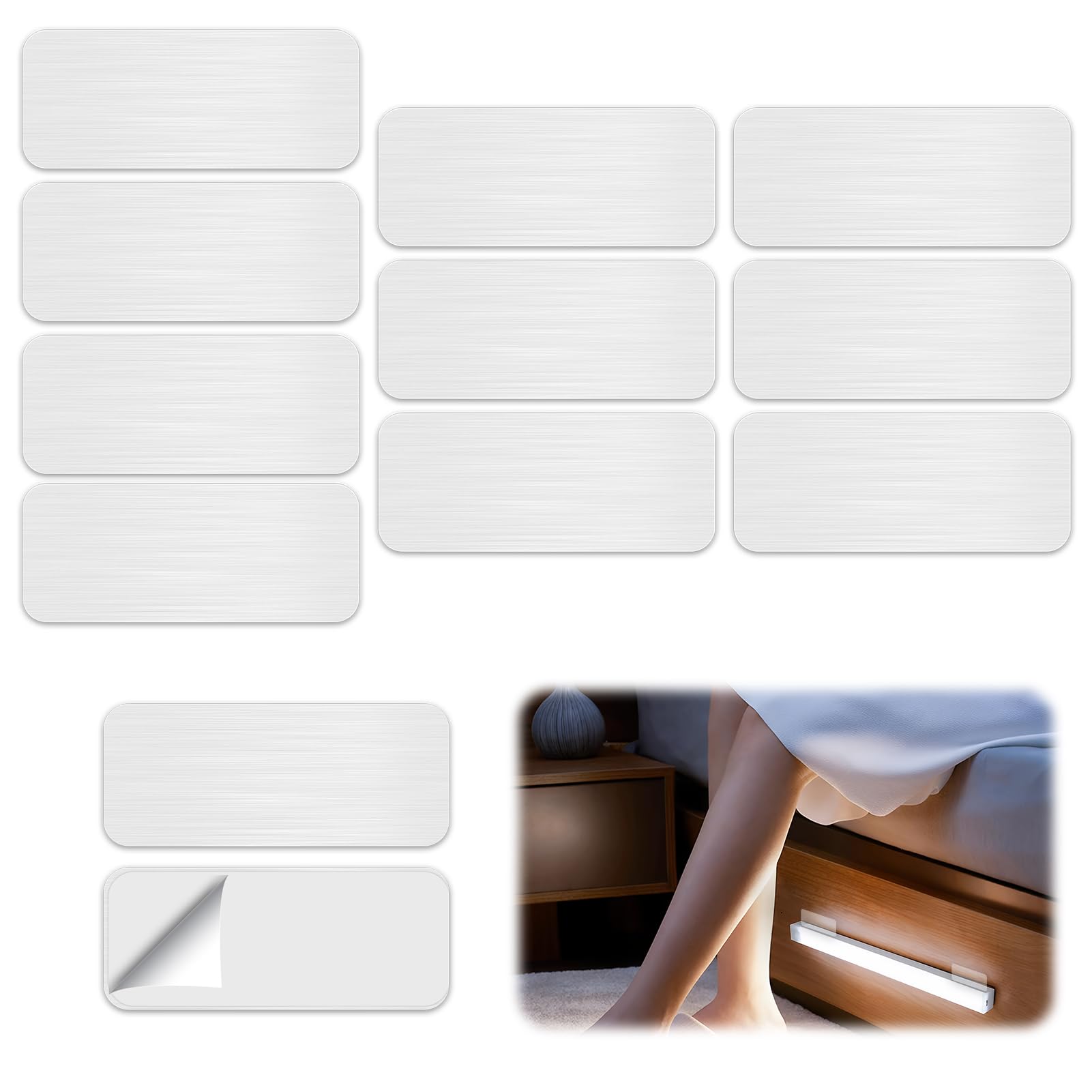 12 Pcs Under Cabinet Light Metal Adhesive Strips, Iron Plate Sticky Sheets for Magnetic LED Lighting Mounting Closet Kitchen Wardrobe Counter Cabinet Use (Non Magnetic 6x3cm/2.36x1.18in) — Amazon image 7