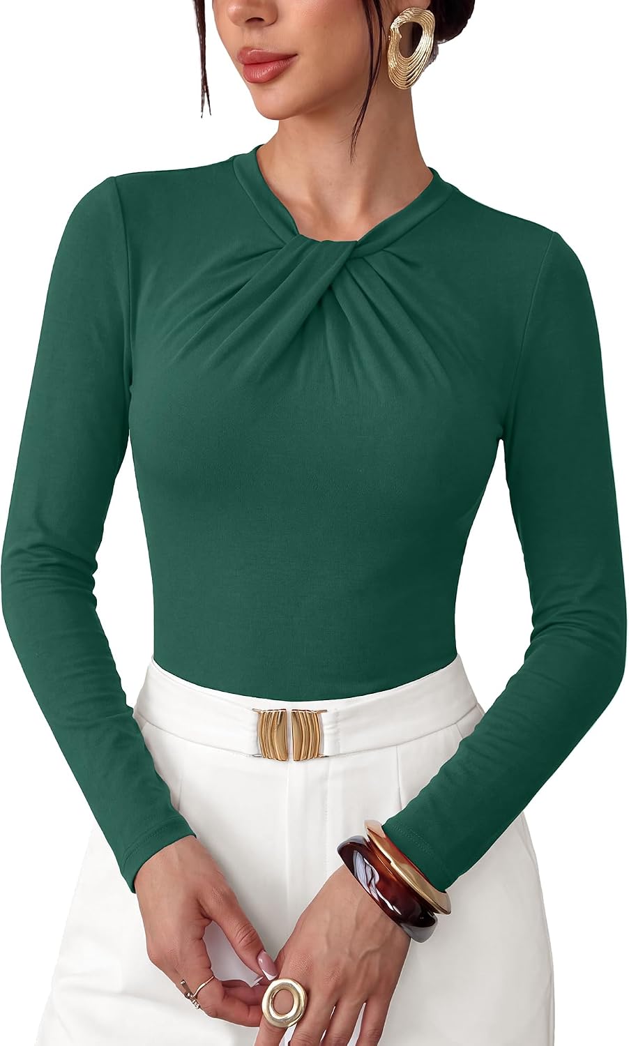 KIRUNDO Business Casual Outfits for Women Twist Front Tops,Dark Green,XXL