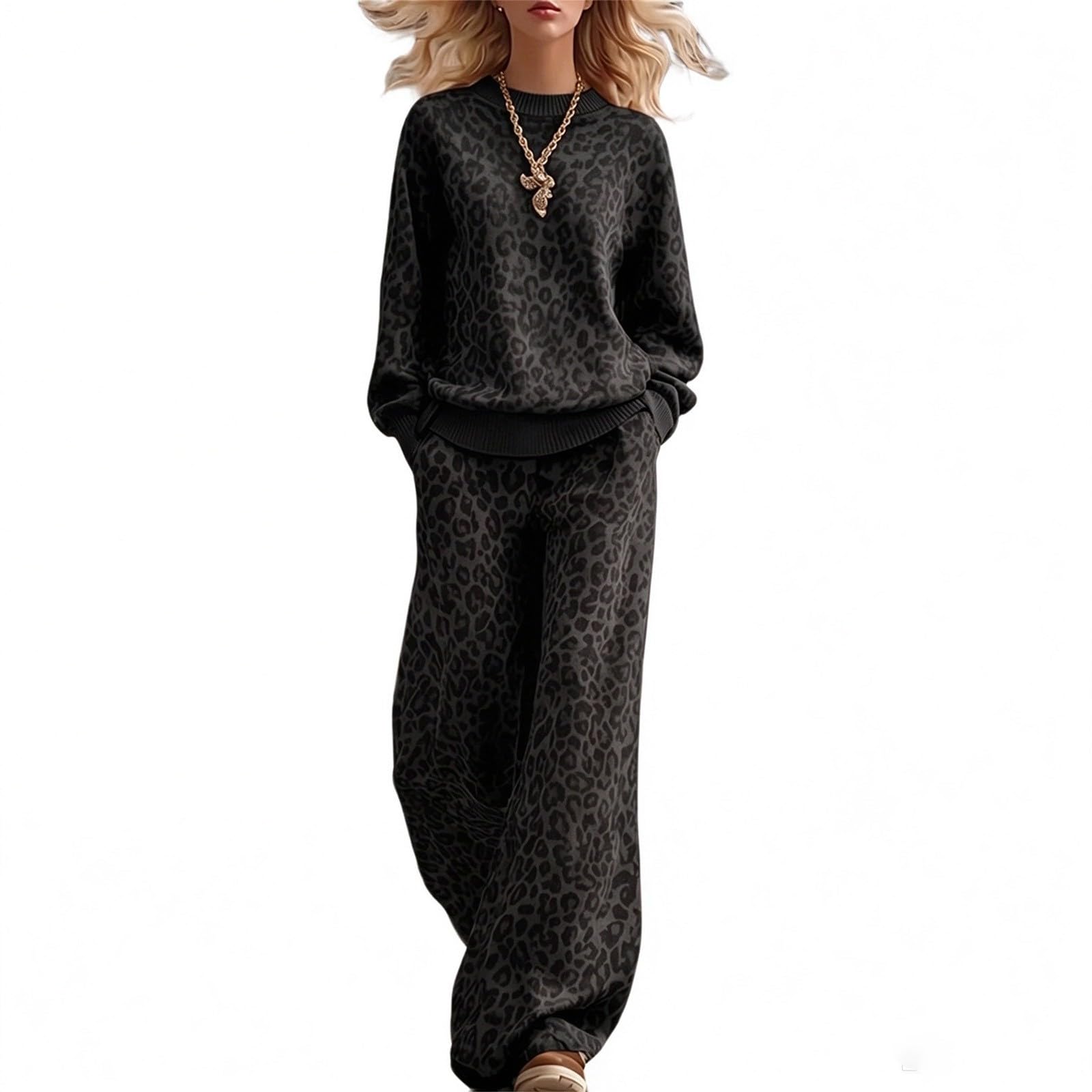 Set da jogging da donna con motivo leopardato, tuta invernale a maniche