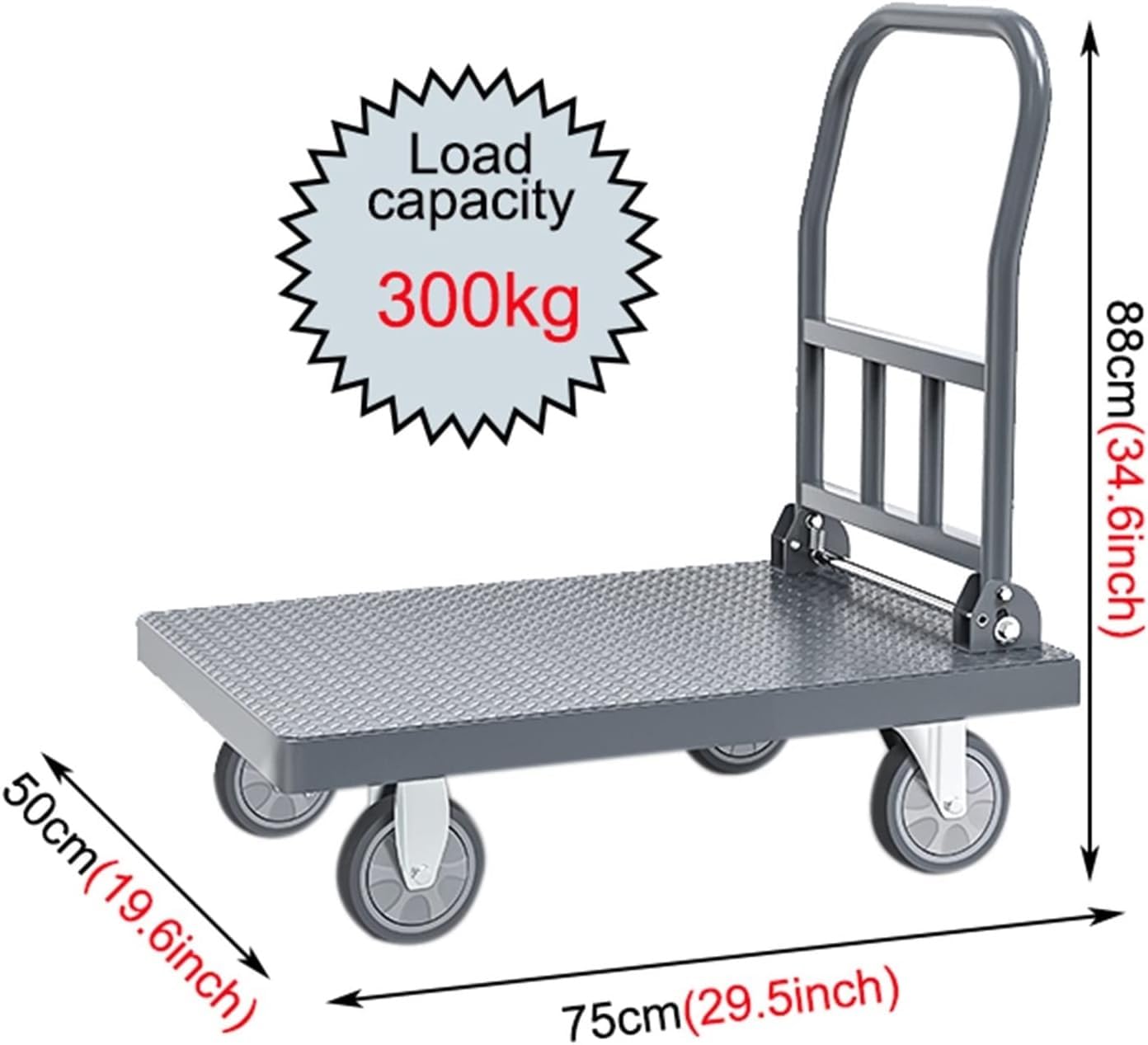 Handwagen mit klappbarer Stahlplattform, Schubkarre, faltbar, robust, rutschfest, maximale Tragkraft 600 kg, mit 4 Rädern