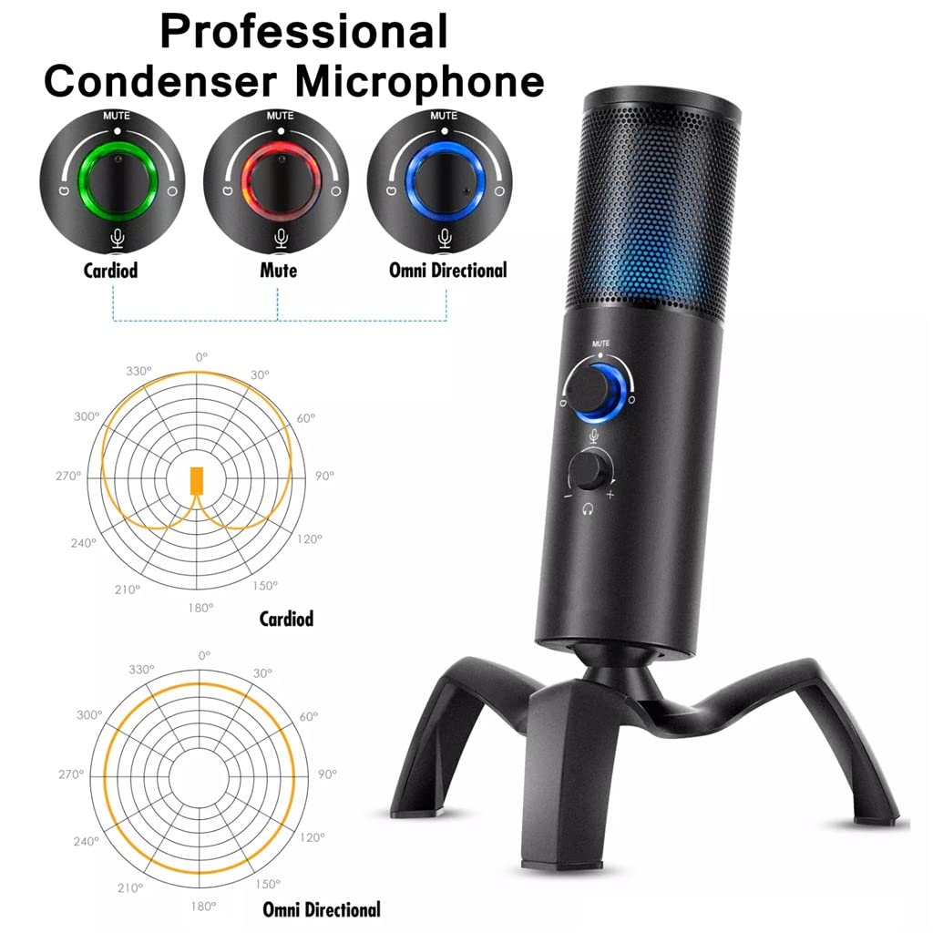 Micrófono de Condensador Profesional Juego Streaming Video Studio Micrófono USB Computadora Cinta de Audio Luz RGB