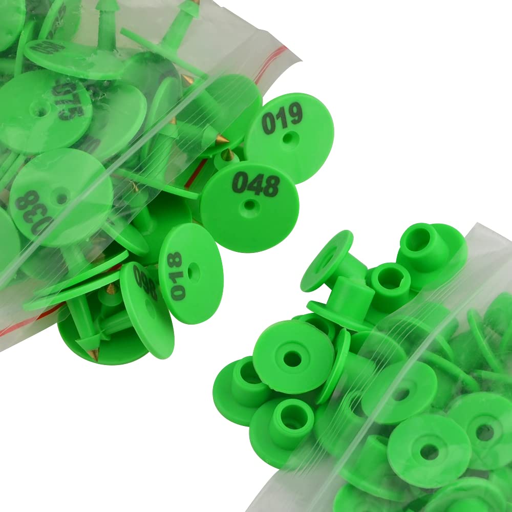 Tier-Ohrmarken 100 Sets, runde Form, nummeriert, mit Zange, Applikator für Ziegen, Schafe, Schweine, Hunde, Grün