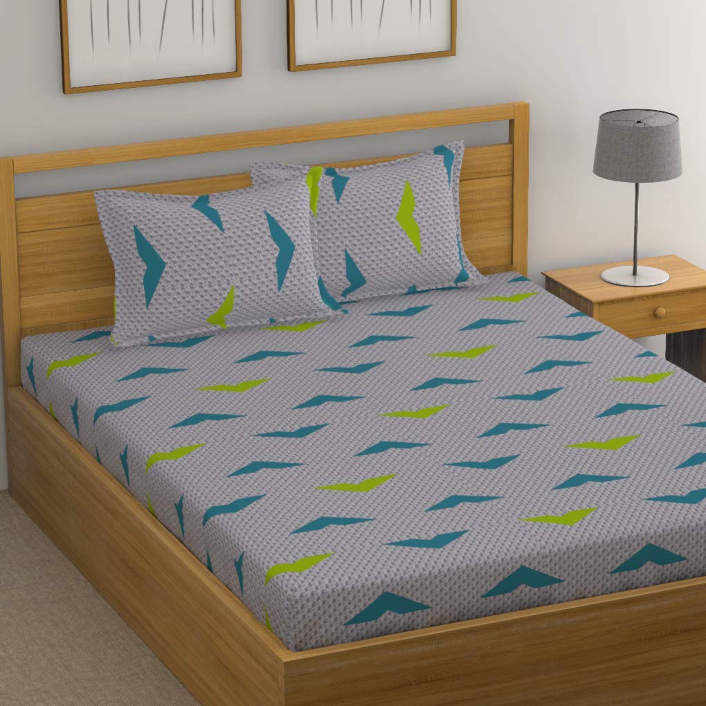 Huesland by Ahmedabad Cotton 144 TC Cotton Bedsheet for Double Bed with 2 Pillow Covers - Light Grey, Blue & Green (B08SKGX5SH) Amazon Price History, Amazon Price Tracker