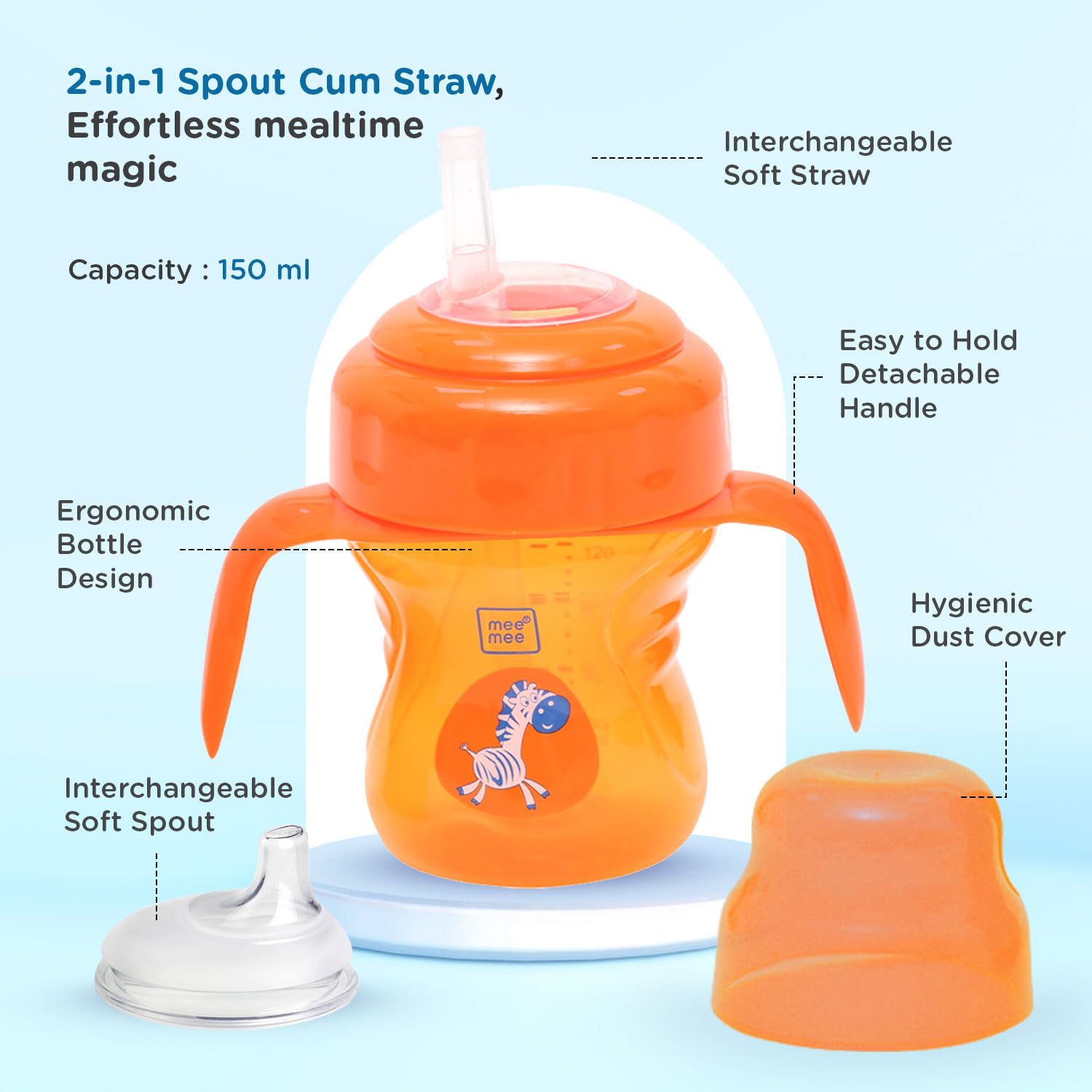 Mee Mee 2 in 1 Convertible Soft Spout & Straw Sipper Cup | Anti Spill, BPA-Free & Non-Toxic | Easy to Hold Detachable Handle | Unbreakable, Anti Leak Lock Bottle with Cap for Kids | 150 ml (Orange) - Image 3 thumbnail
