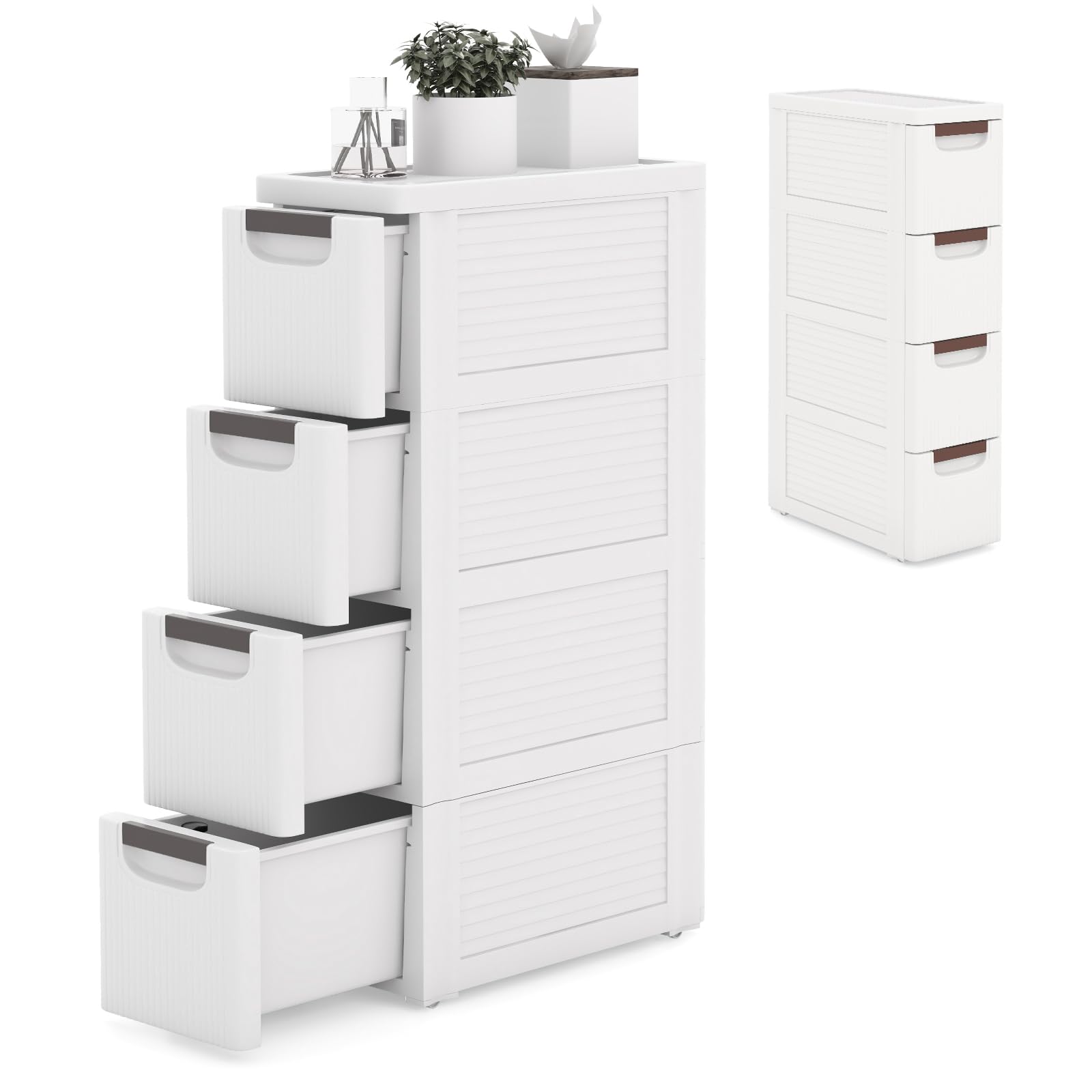 KOMFOTTEU Carrellino Stretto con Ruote, Cassettiera 3/4/5/6 Cassetti Slim, Carrello Portaoggetti a Rotelle, Mobiletto Bagno Salvaspazio per Cucina, Soggiorno, Camera da Letto, Bianco (4 Cassetti)