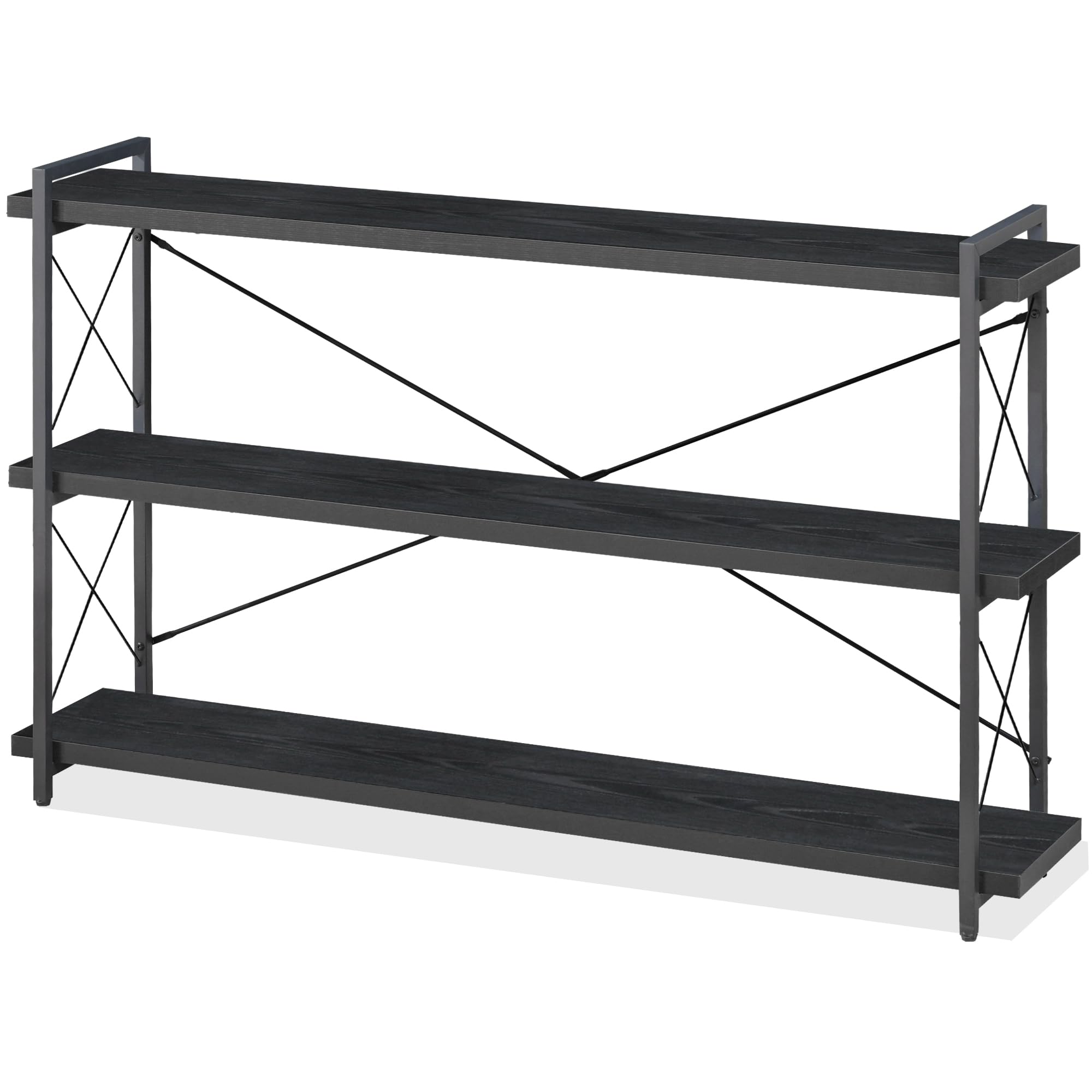 Bookshelf, 3-Tier Long Industrial Bookcase, Black Open Book Shelf, Freestanding Horizontal Bookshelves with Metal Frame