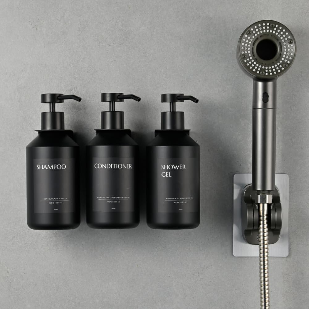 3 Pezzi 500ml Dispenser Sapone Doccia Senza Foratura, 500ml, Dispenser Sapone Bagno a Muro, Dispenser Bagnoschiuma Doccia, Con 12 Etichette Impermeabili (Bottiglia nera + testa nera)