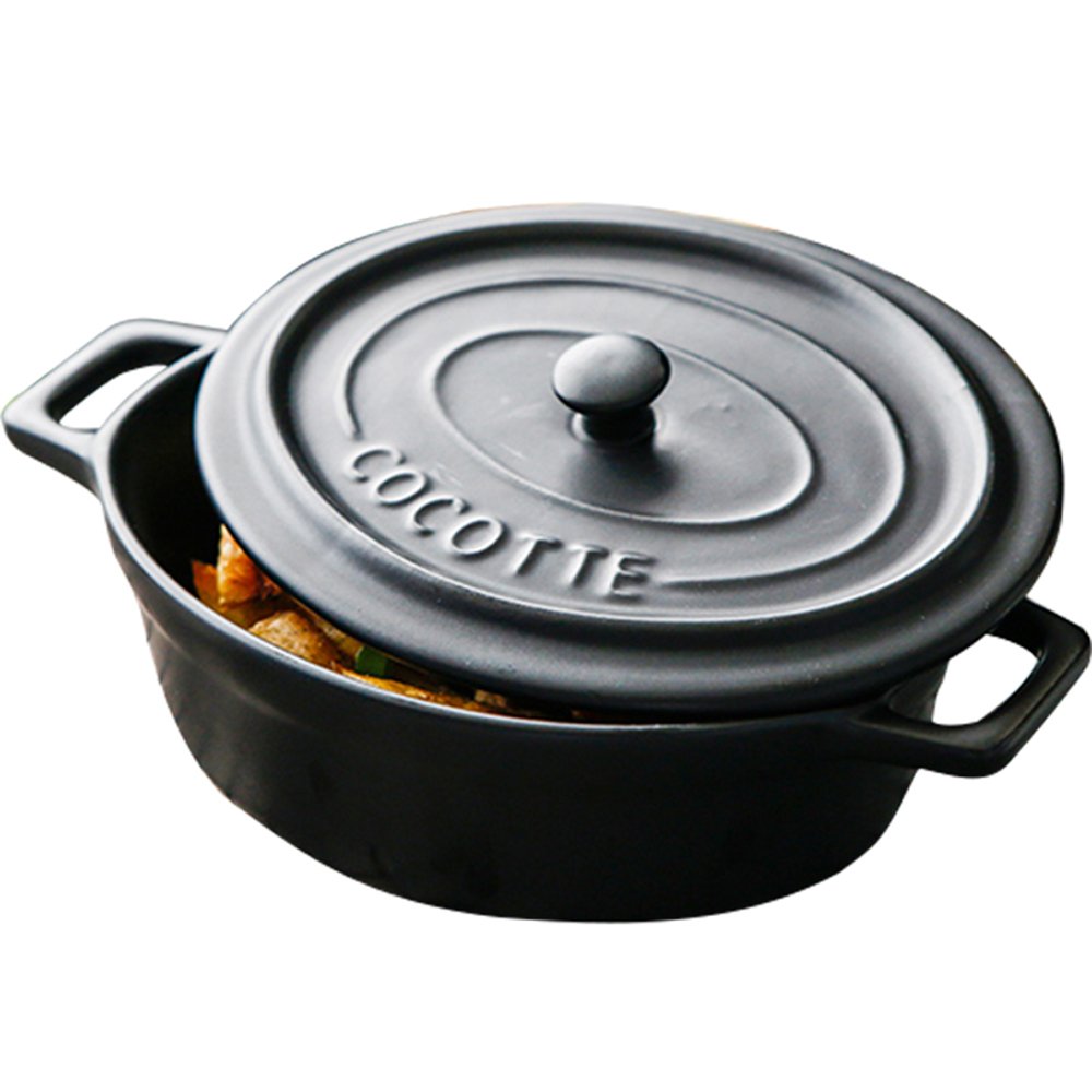 Ceramic Matte Baking Pan Pot with Lid - Oval Binaural Microwave Oven Bowl Stew Soup Cup - Black - Small Size for Single Person
