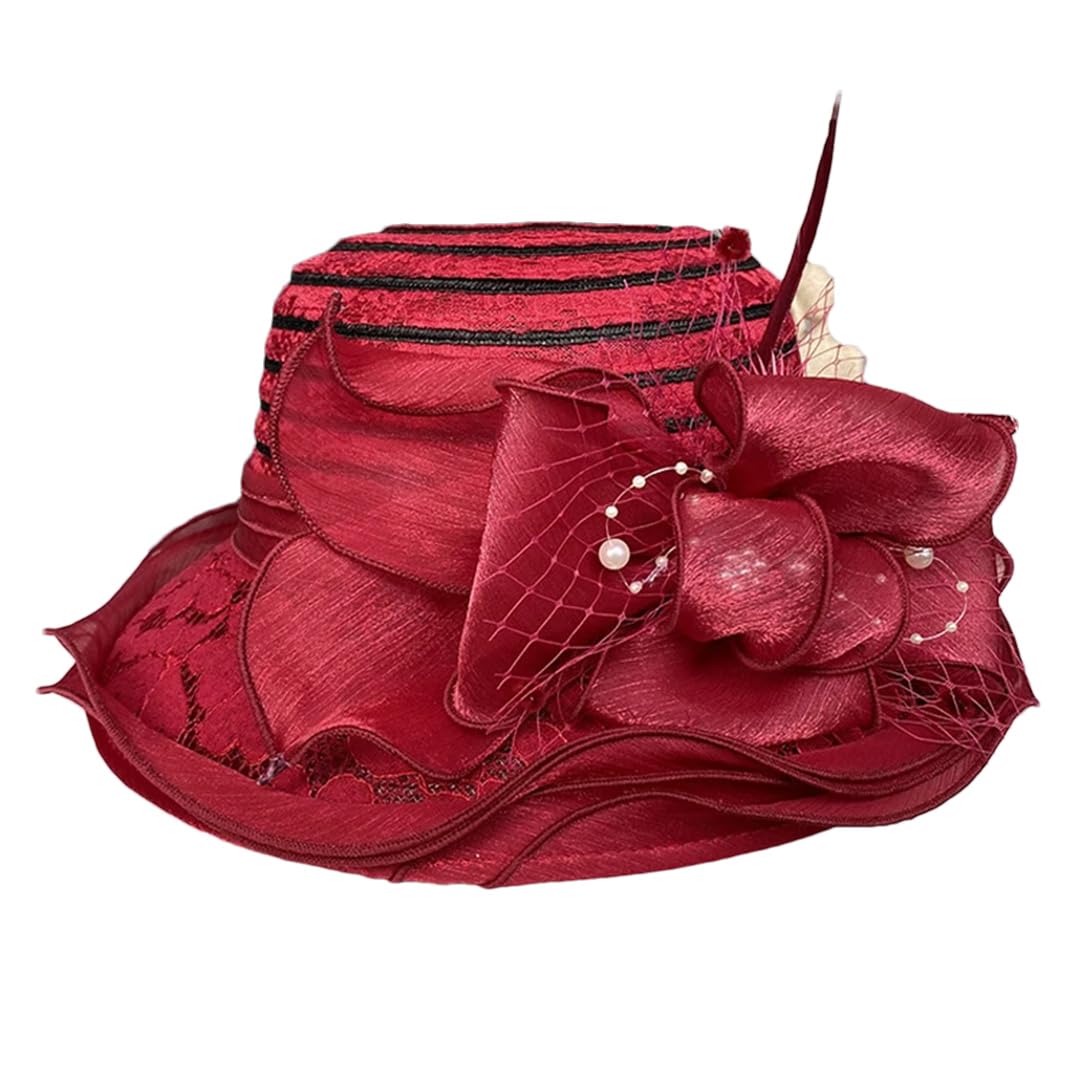Yeuyyben Cappello da chiesa da donna, elegante, con fiocco, a tesa larga, cappello da pescatore Fedora da donna, estivo, pieghevole, da sole