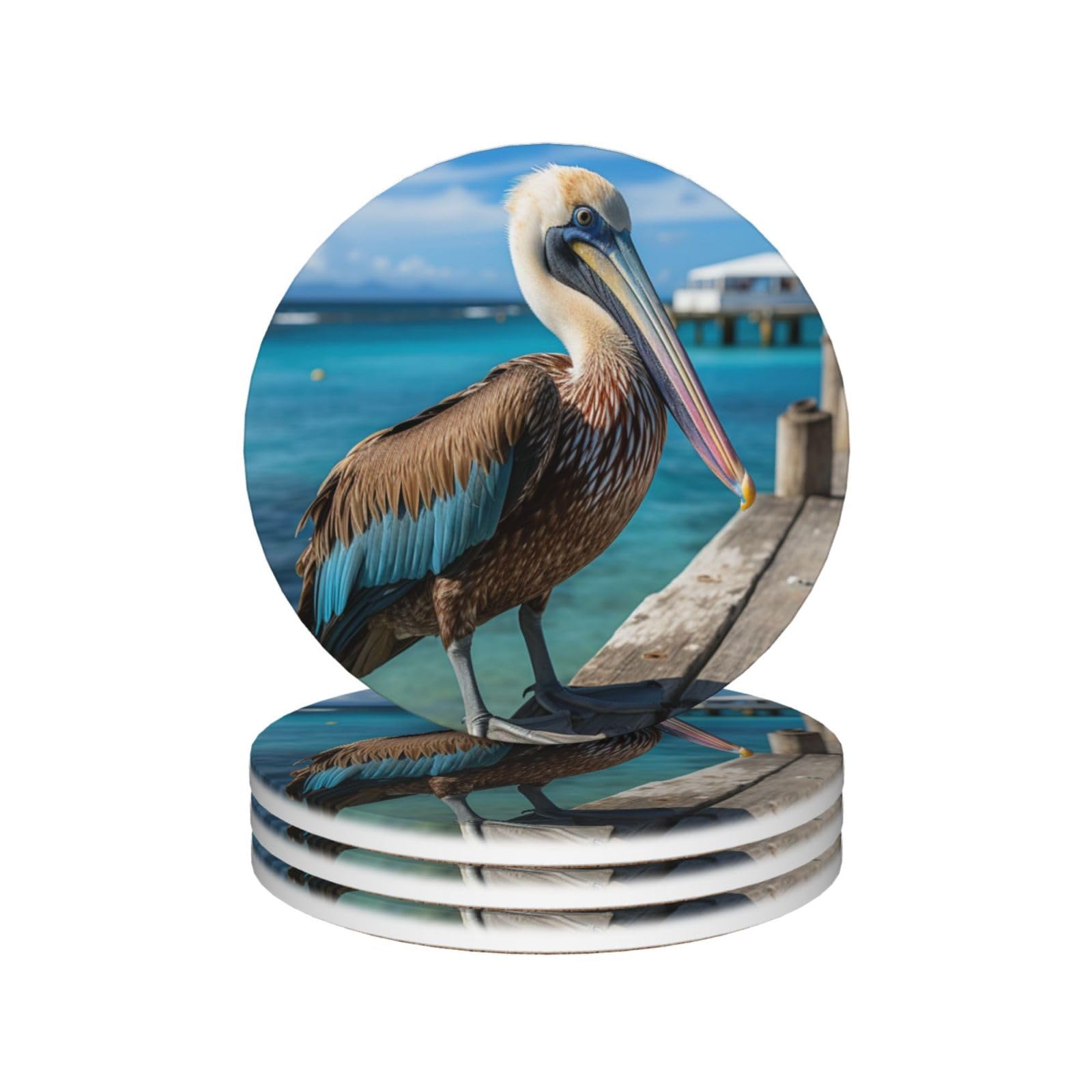 Drink Coasters Set of 4 Coffee Ceramic Coaster Pelican Bird Blue Sea Sky Coasters for Drinks Coffee Cup Mat Heat Resistant Tabletop Protection Coaster Desk Accessorie Home Decorative
