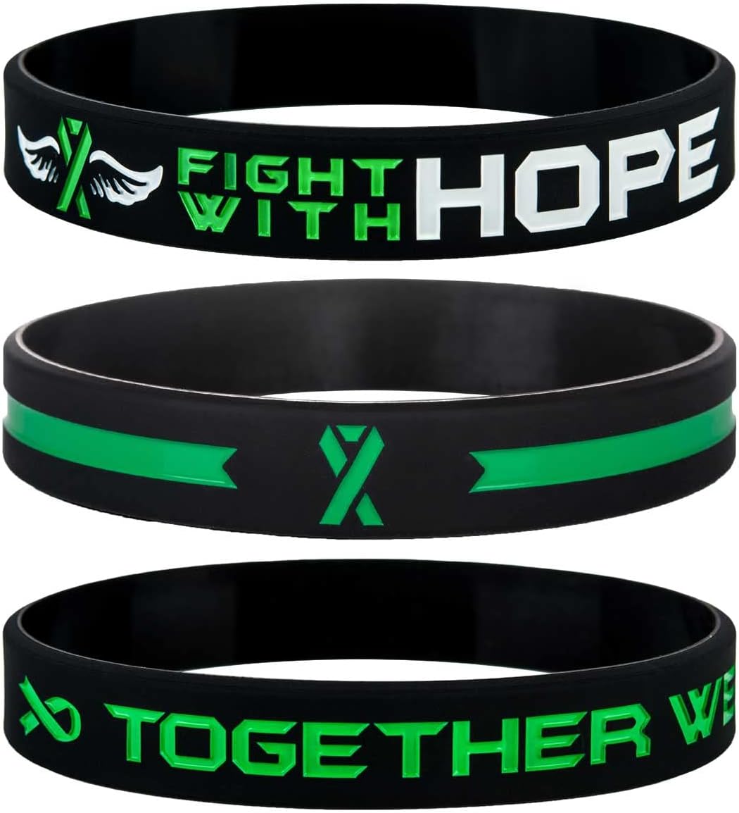 Get Well Soon Gifts Green Awareness Ribbon Bracelets with Motivational Quote - Fight With Hope, Together We Fight, Cancer & Cause Wristbands for Men Women Patients Survivors