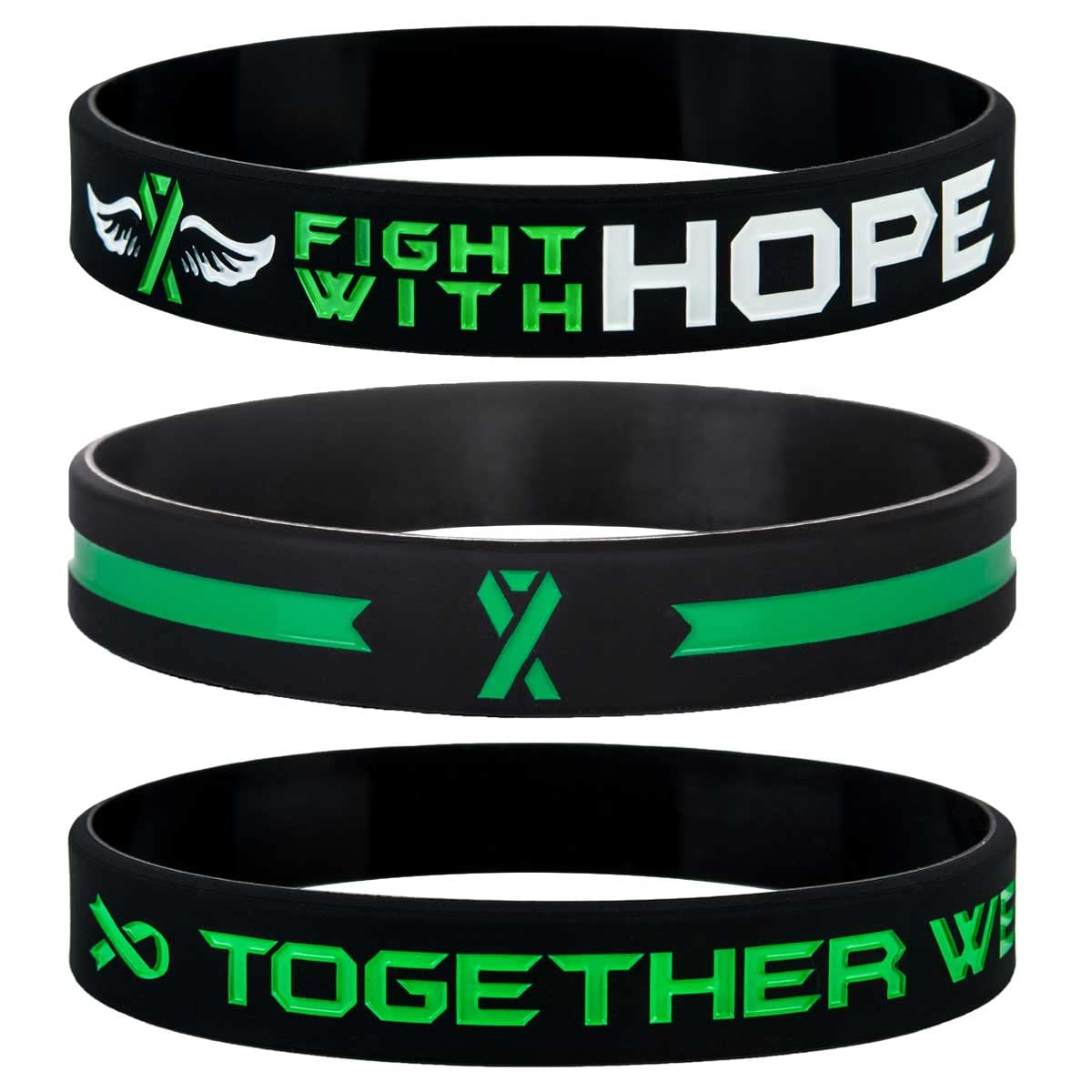 Get Well Soon Gifts Green Awareness Ribbon Bracelets with Motivational Quote - Fight With Hope, Together We Fight, Cancer & Cause Wristbands for Men Women Patients Survivors
