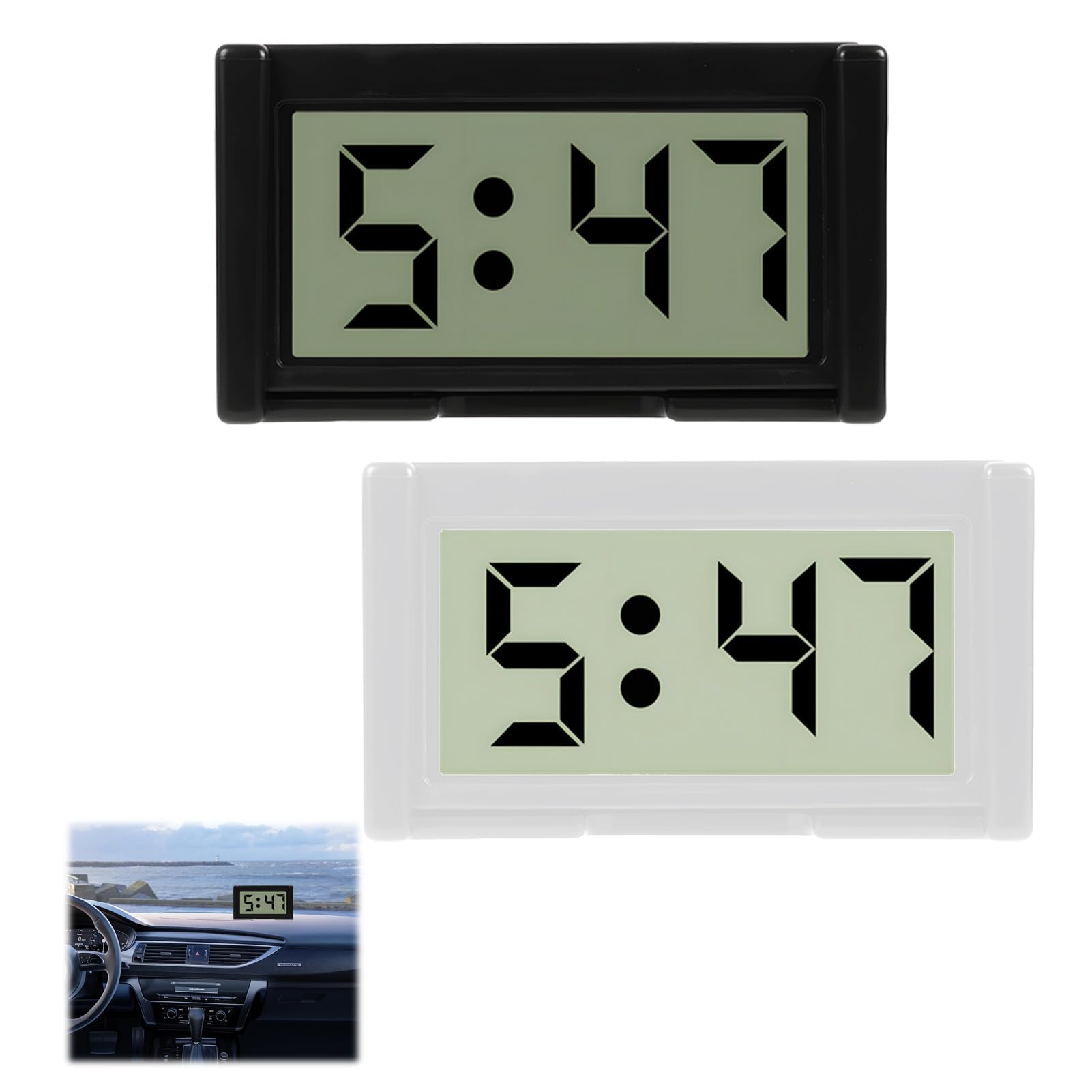 2 Set Mini Auto Uhr Digital, LCD Elektronische Uhr für Armaturenbrett, Tisch und Badezimmer, Leicht Ablesbare Digitaluhr mit Klebepad, Ideal für Fahrzeuge und Büros, Schwarz und Weiß