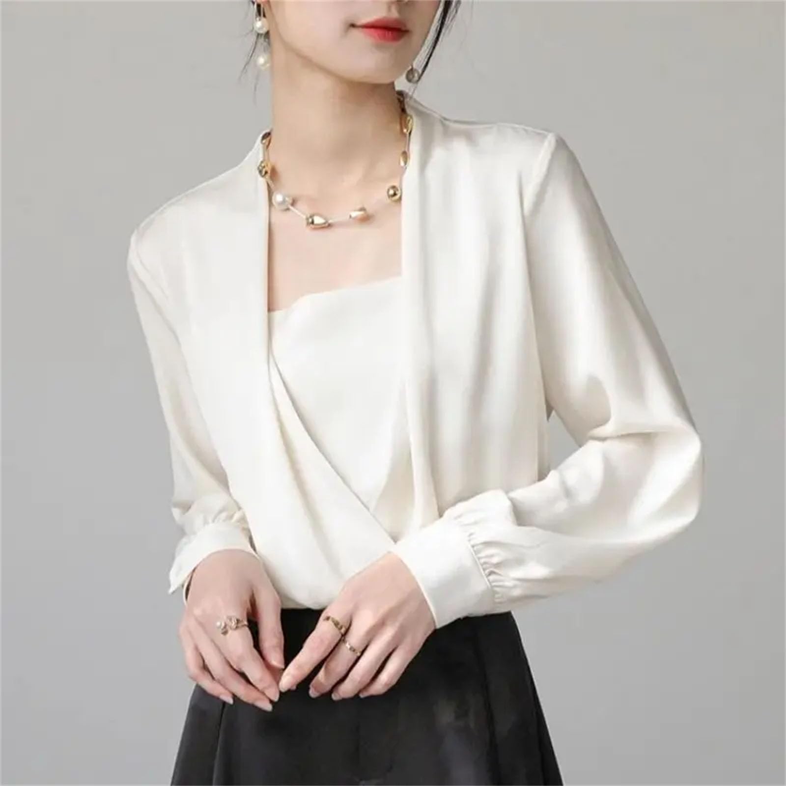 Blusas de satén de manga larga para mujer, para primavera, oficina, trabajo, elegante, casual, holgada