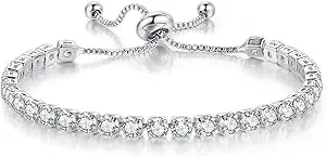 Tennis Bracelets for Women White Gold Plated Diamond AAA+ Cubic Zirconia CZ Dainty Classic Adjustable Slider Bracelet Silver Fashion Jewelry Wedding Gift